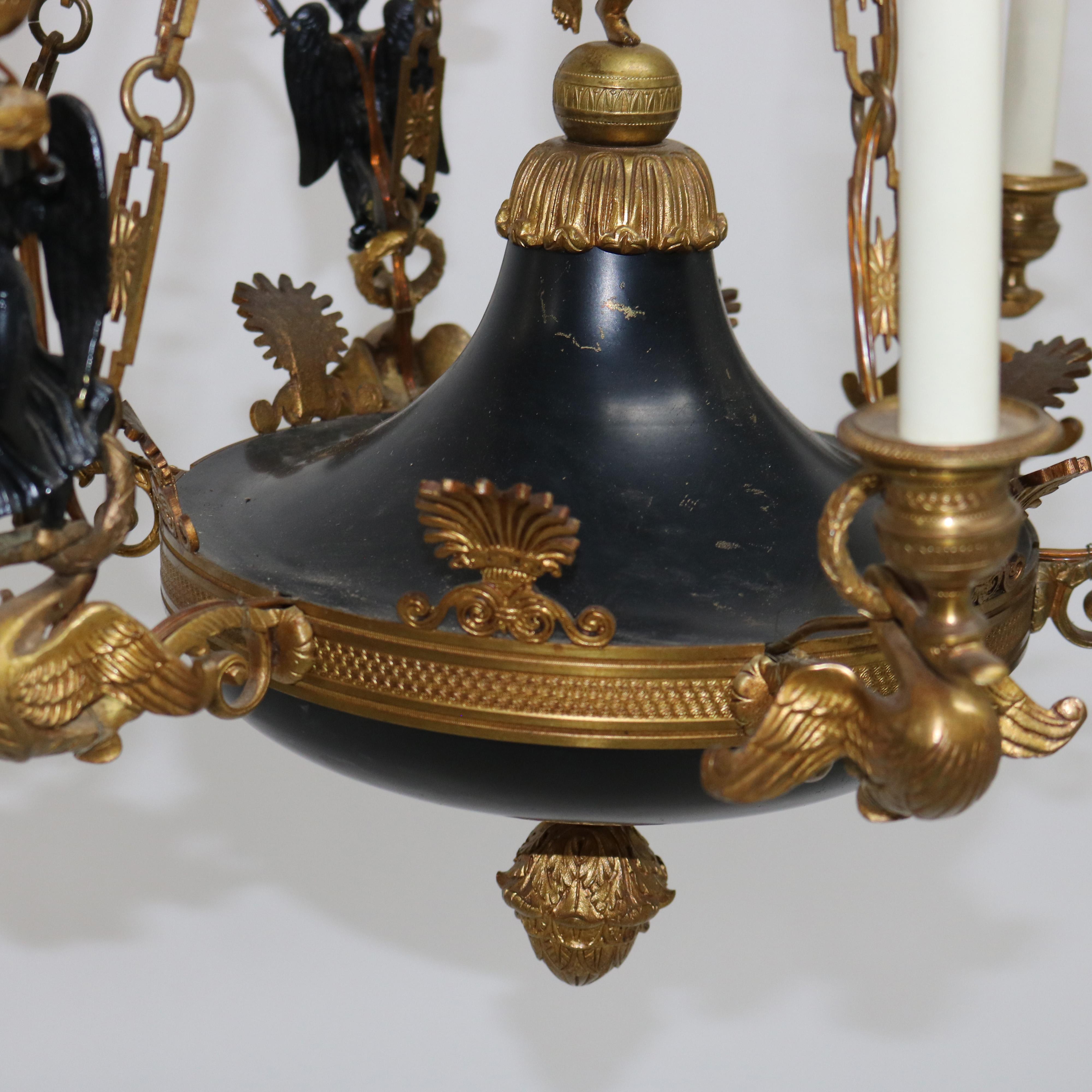 Antique French Empire Gilt Bronze & Ebonized Figural Cherub Chandelier C1920 5