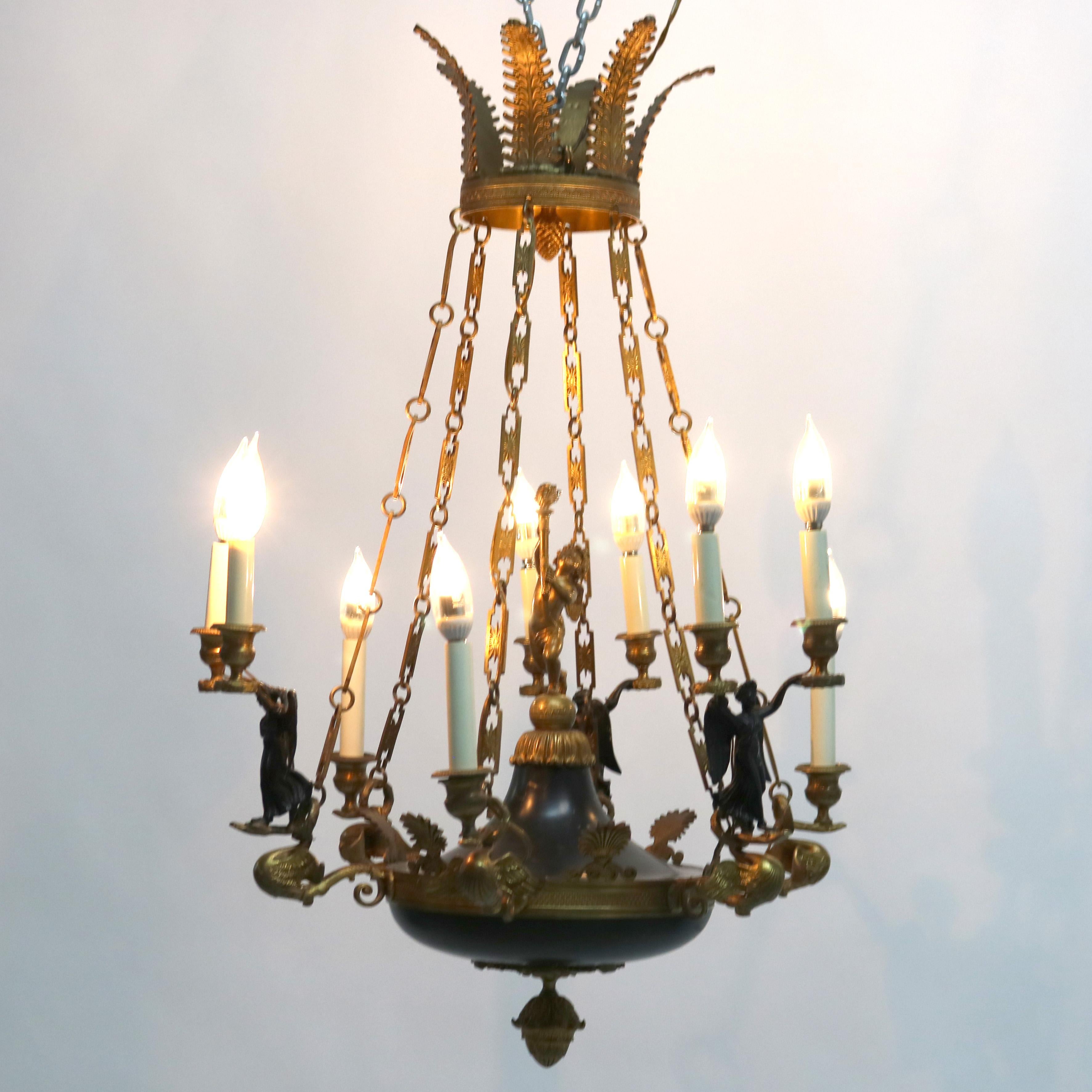 ***Reduced In-House Delivery Rates - Click on “Ask Seller” to Request a Quote***

Antique French Empire Gilt Bronze and Ebonized Figural Cherub & Guardian Angel 9-Light Chandelier C1920

Measures- 34.5