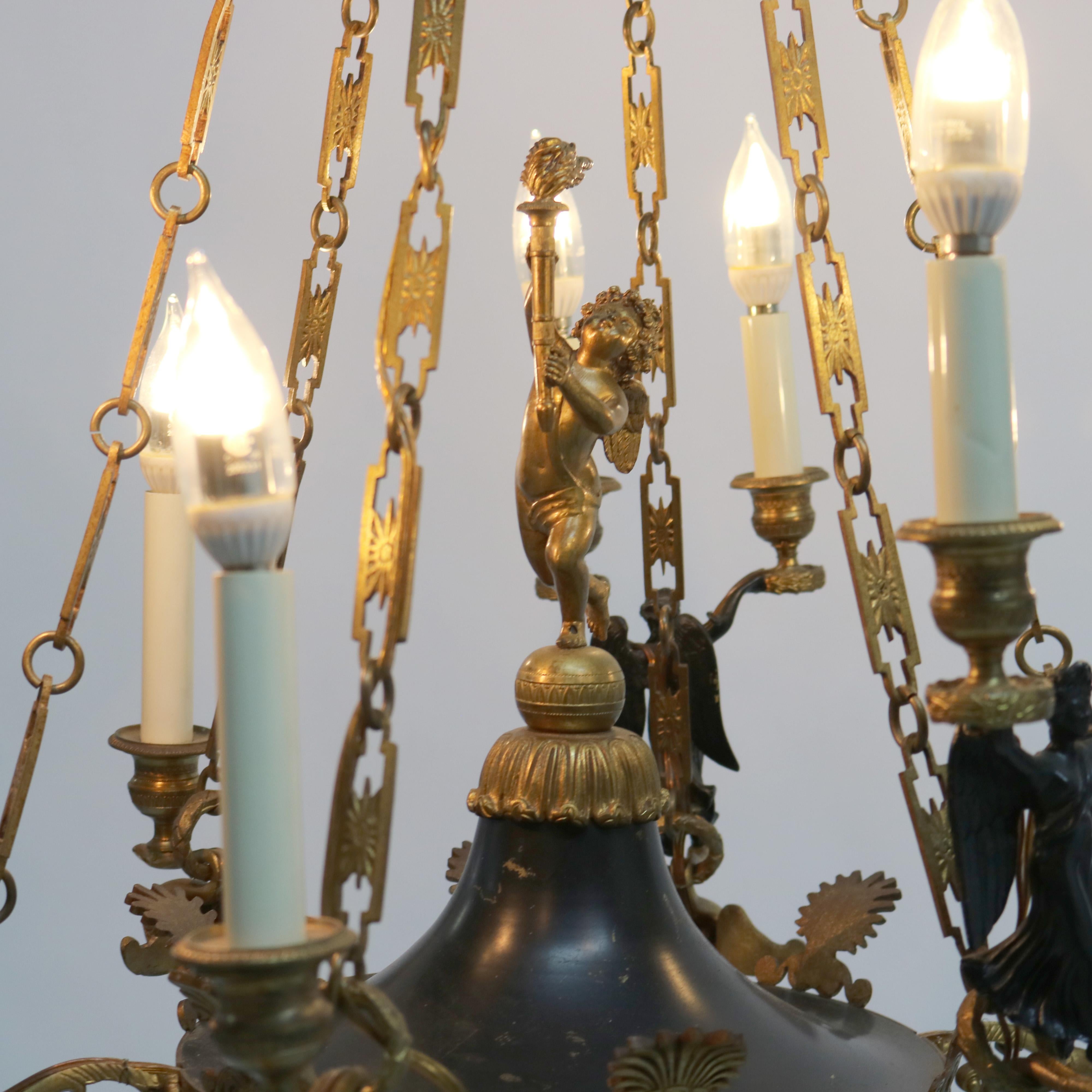 American Antique French Empire Gilt Bronze & Ebonized Figural Cherub Chandelier C1920