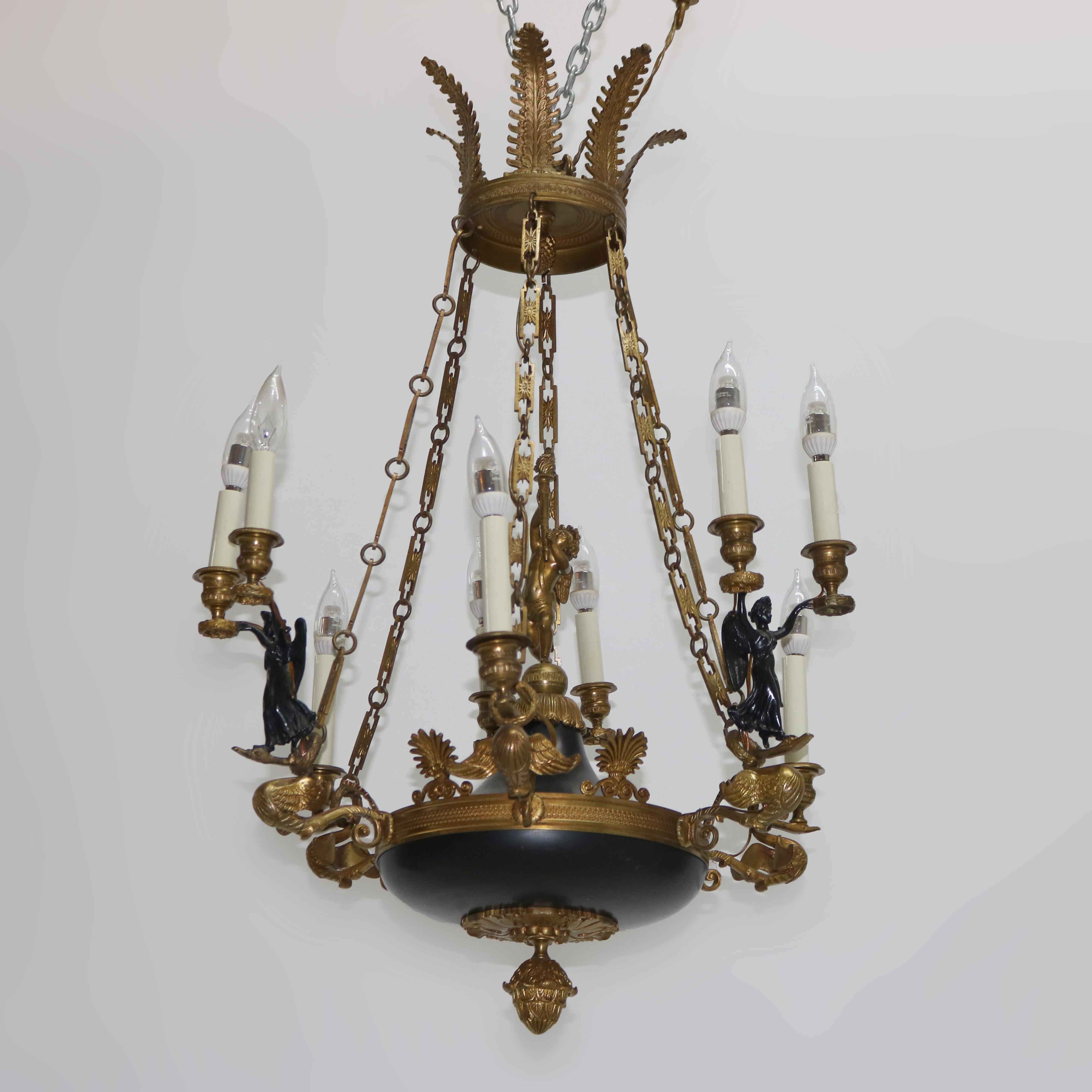 Antique French Empire Gilt Bronze & Ebonized Figural Cherub Chandelier C1920 In Good Condition In Big Flats, NY
