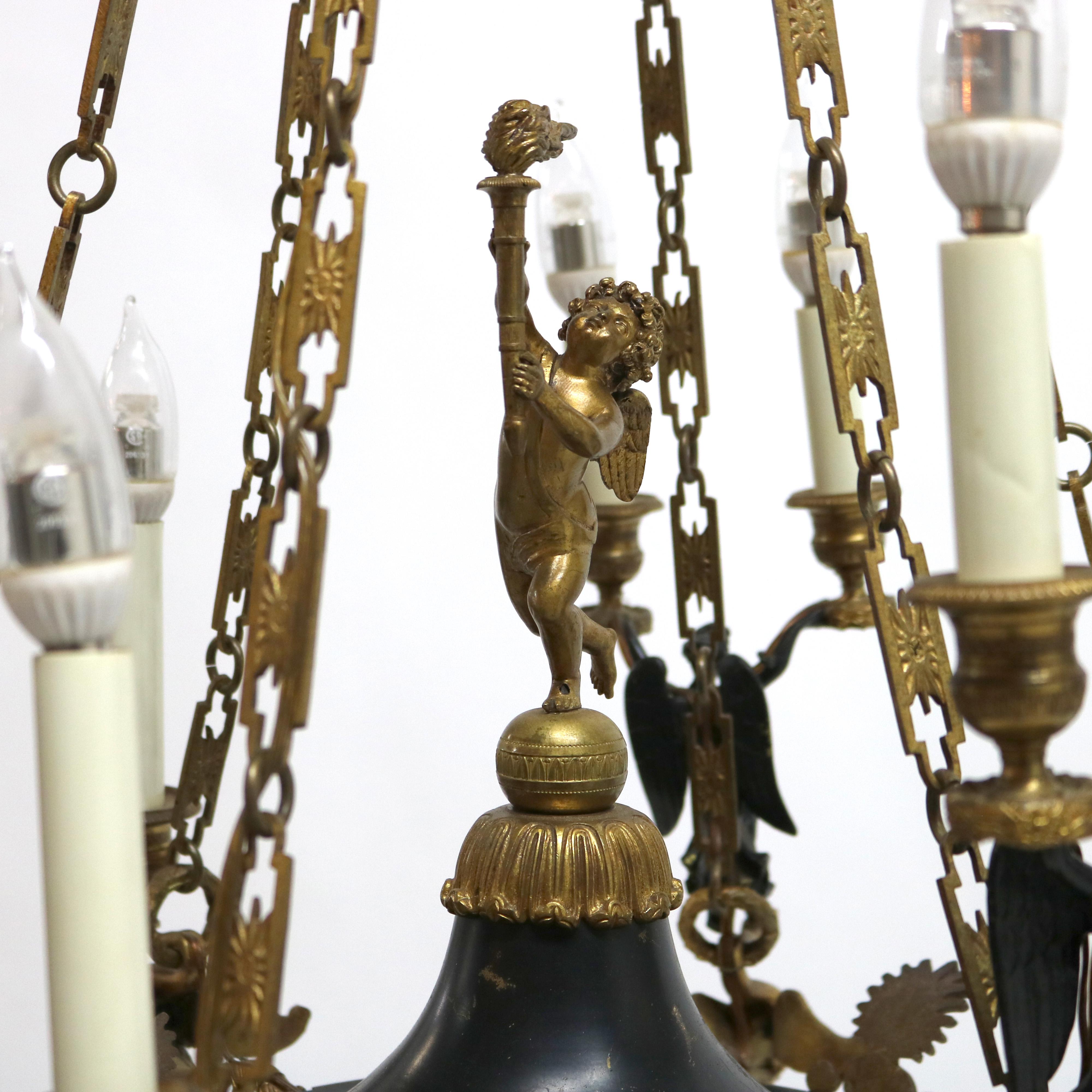 Antique French Empire Gilt Bronze & Ebonized Figural Cherub Chandelier C1920 1