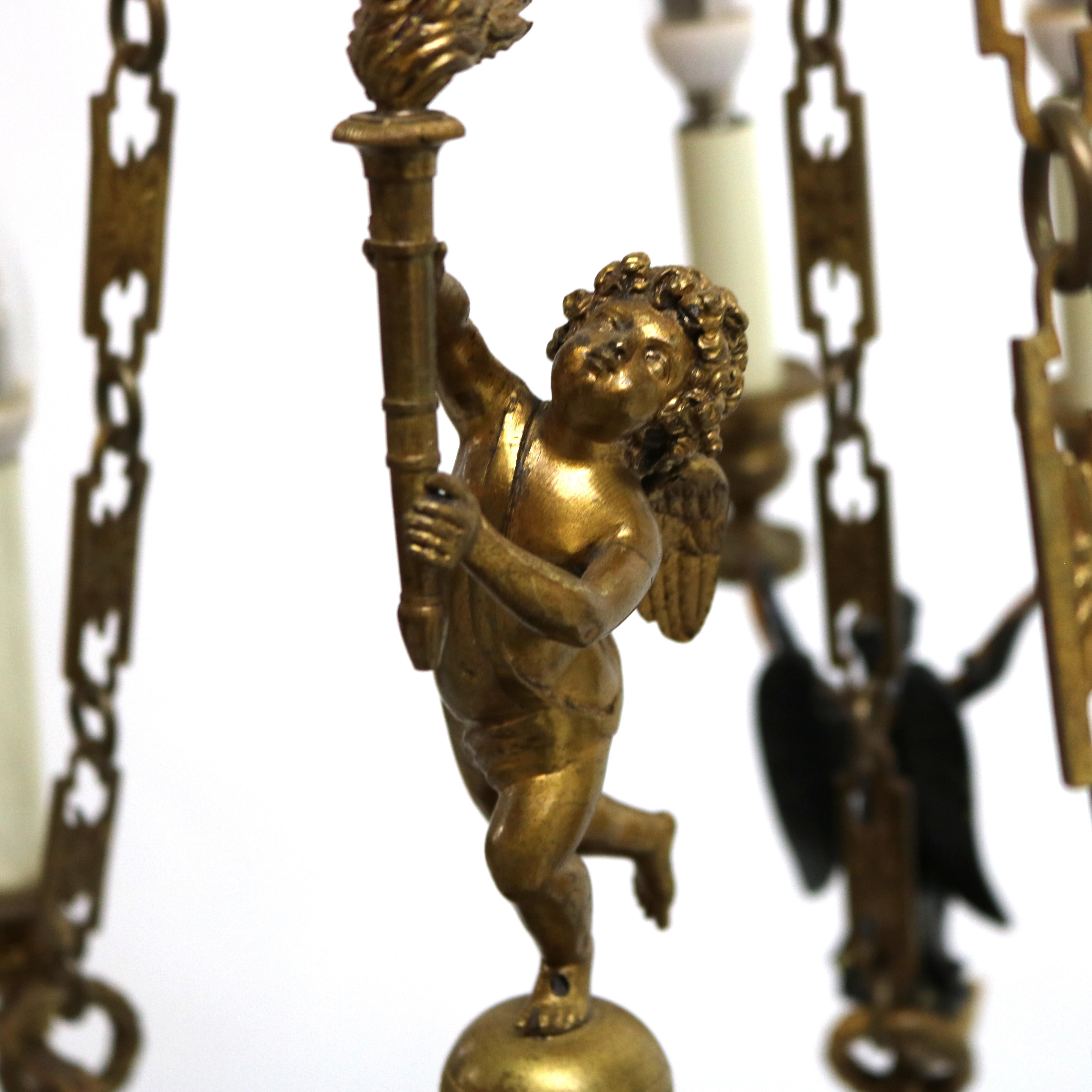Antique French Empire Gilt Bronze & Ebonized Figural Cherub Chandelier C1920 2