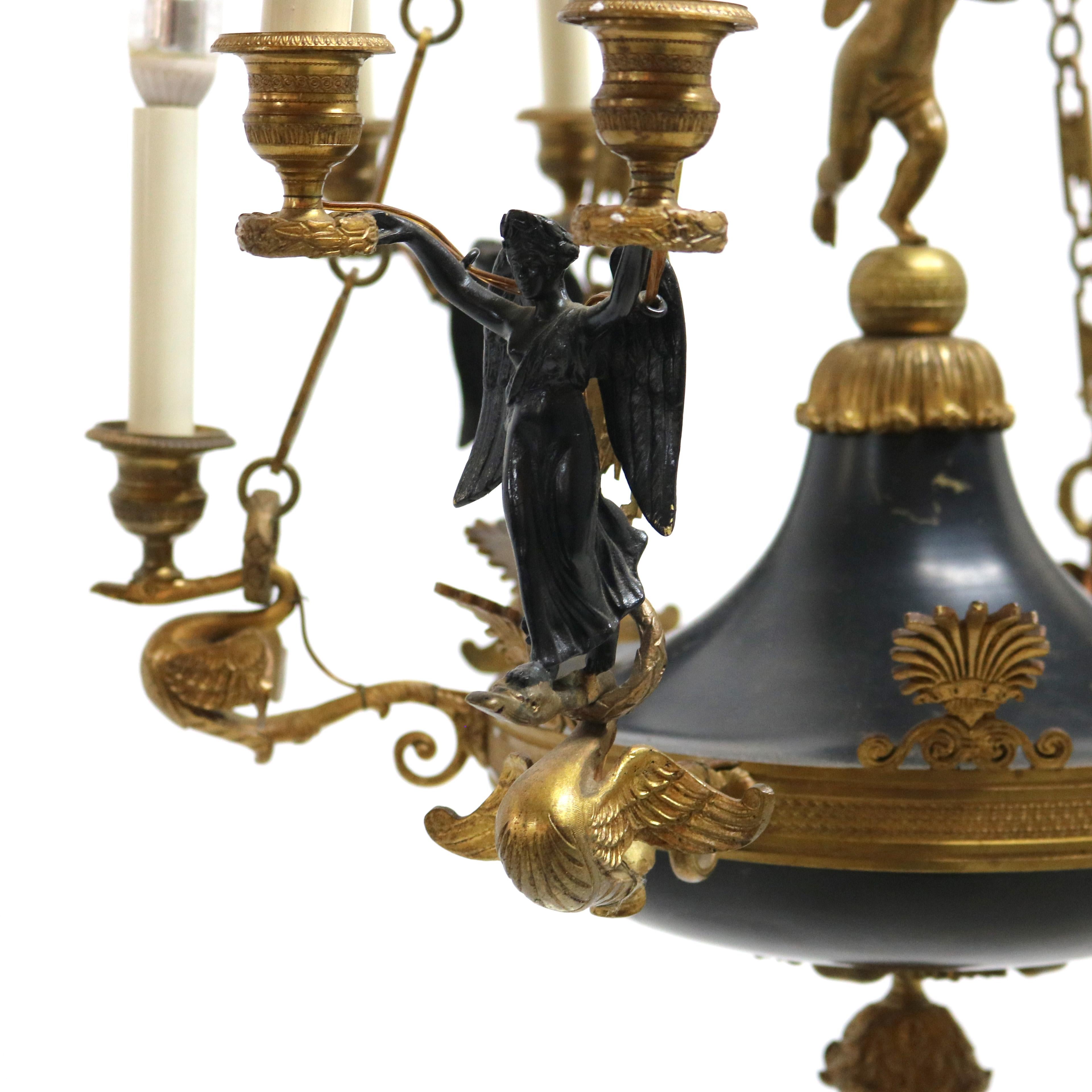 Antique French Empire Gilt Bronze & Ebonized Figural Cherub Chandelier C1920 3