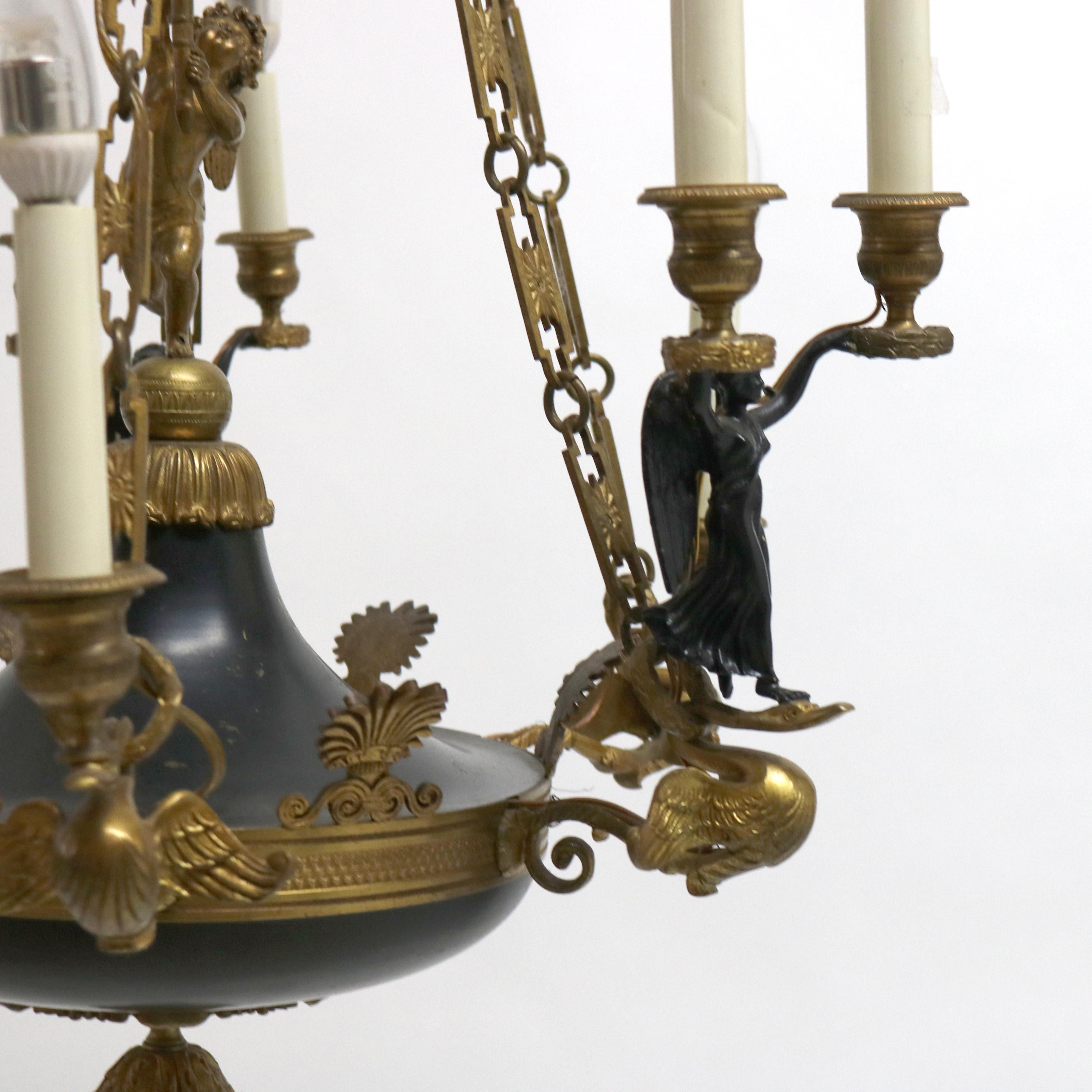 Antique French Empire Gilt Bronze & Ebonized Figural Cherub Chandelier C1920 4