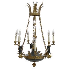 Antique French Empire Gilt Bronze & Ebonized Figural Cherub Chandelier C1920