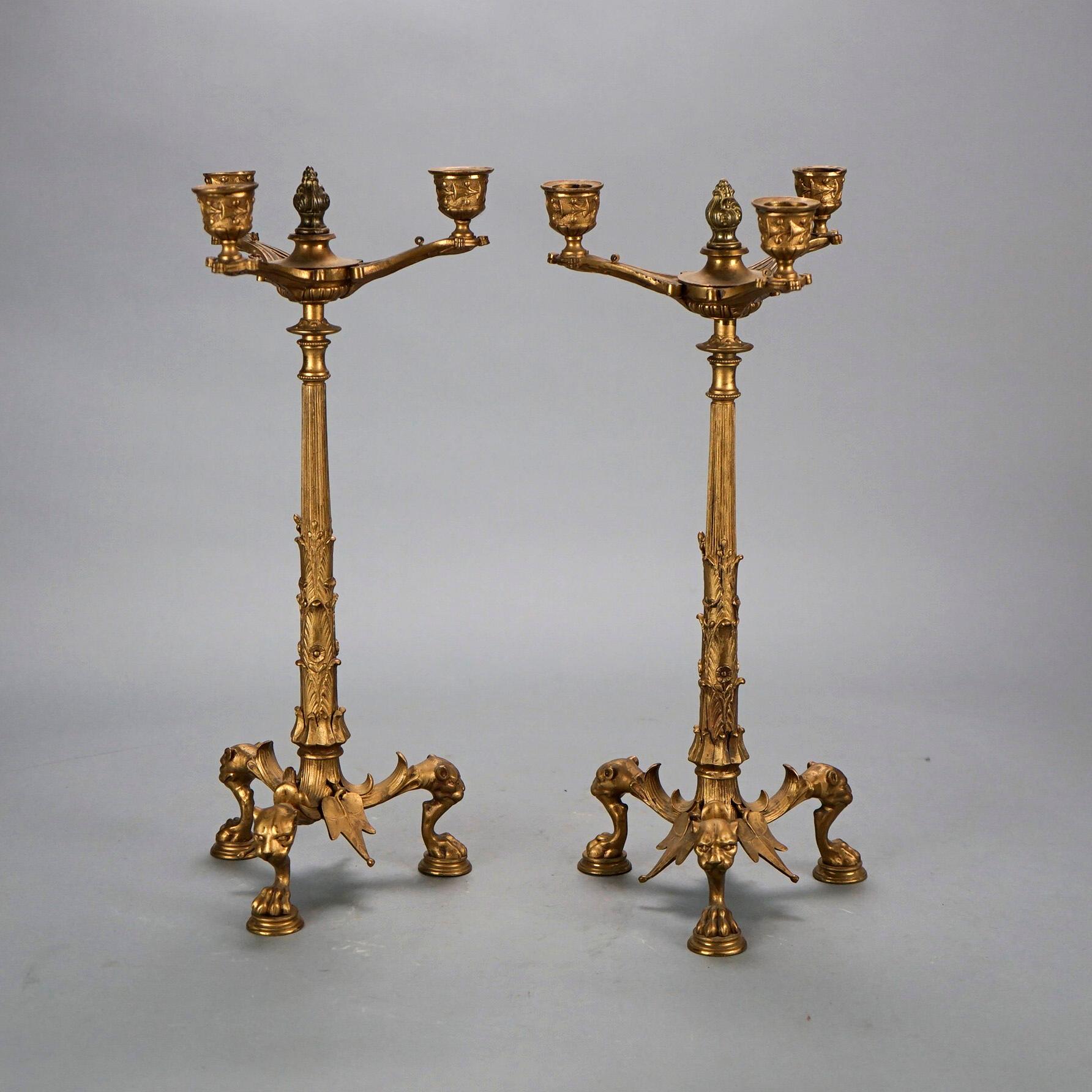 Cast Antique French Empire Gilt Bronze Figural Candlesticks 19th C