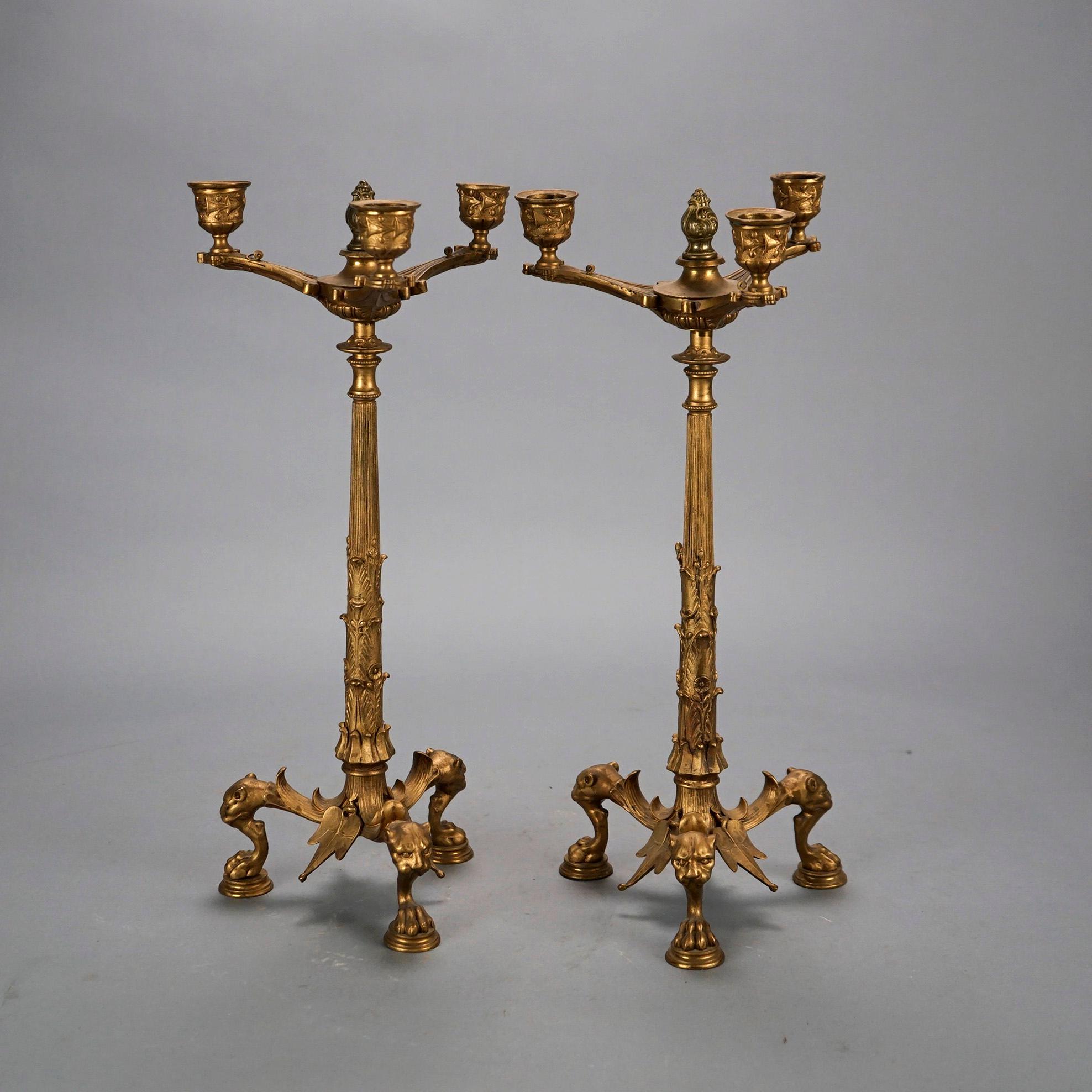 Antique French Empire Gilt Bronze Figural Candlesticks 19th C In Good Condition In Big Flats, NY