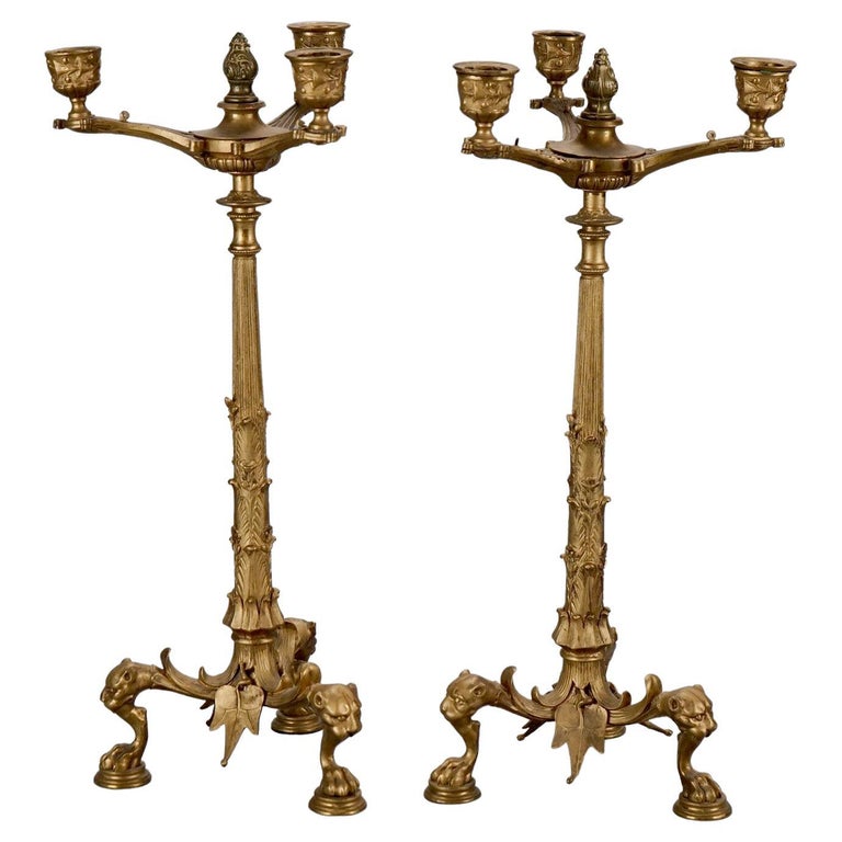 Antique French Empire Gilt Bronze Figural Candlesticks 19th C For Sale
