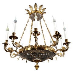 Antique French Empire Gilt Bronze Gilt Bronze & Cut Crystal Ten Arm Chandelier