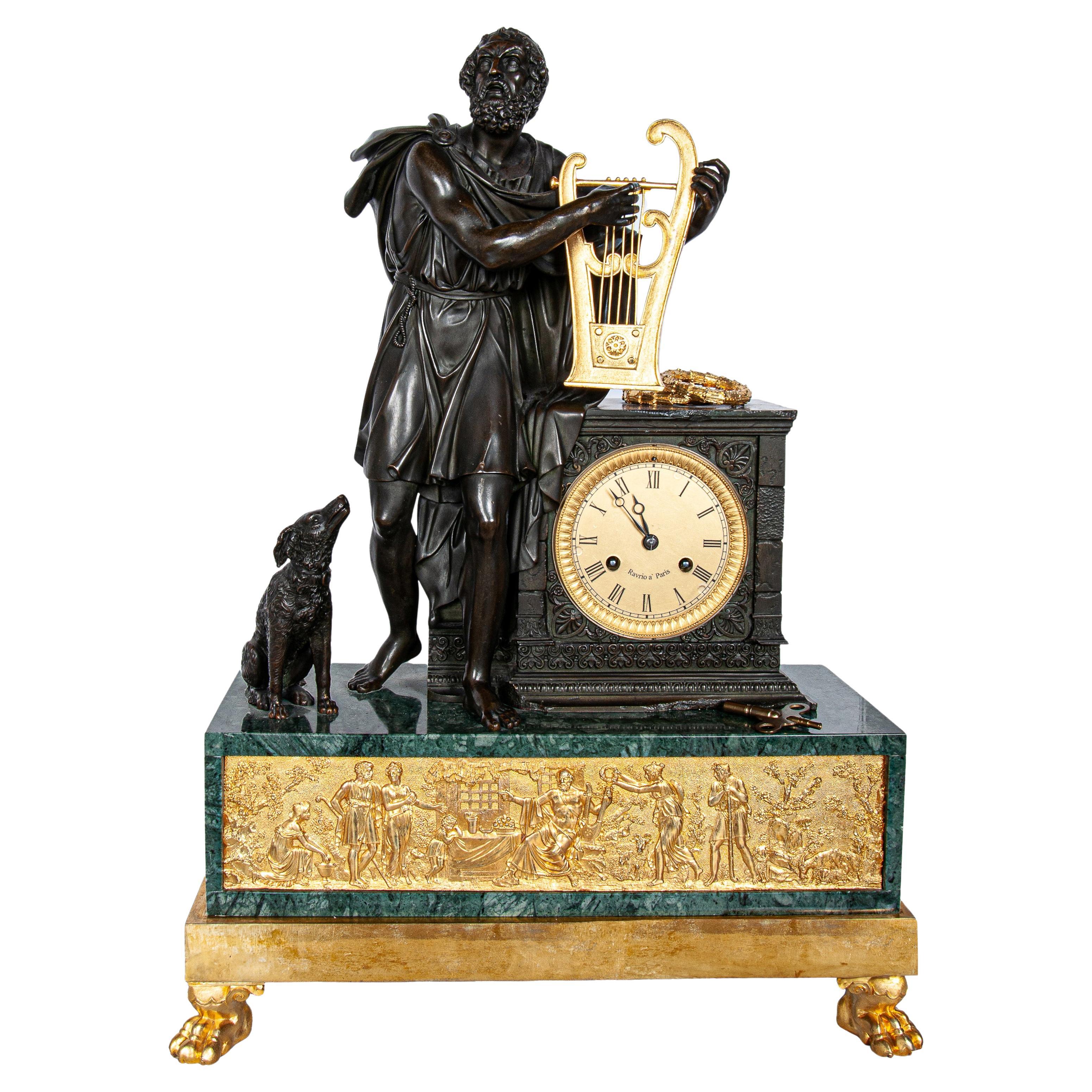 Antique French Empire Gilt Bronze 
Marble Statue Clock of Homer by Ravrio 1810 For Sale
