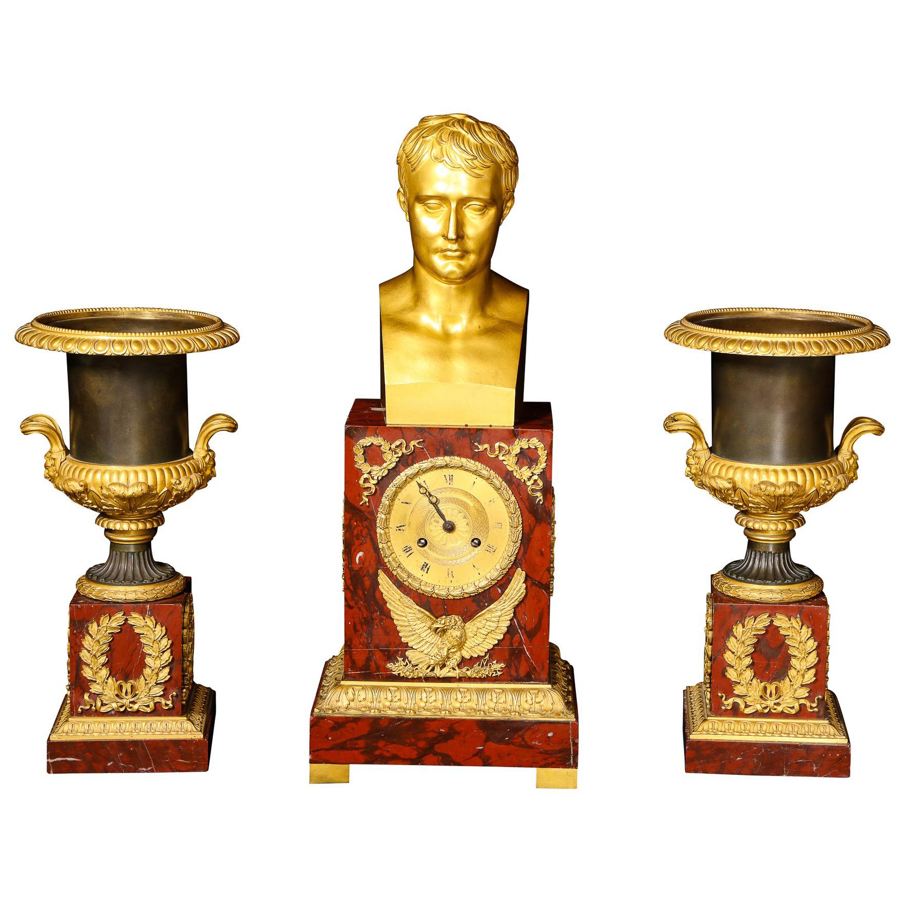 Antique French Empire Gilt Bronze, Patina Bronze and Marble Napoleon Clock Set