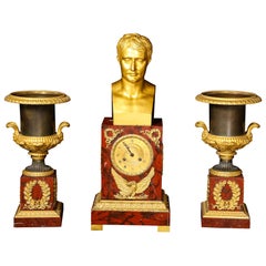 Antique French Empire Gilt Bronze, Patina Bronze and Marble Napoleon Clock Set