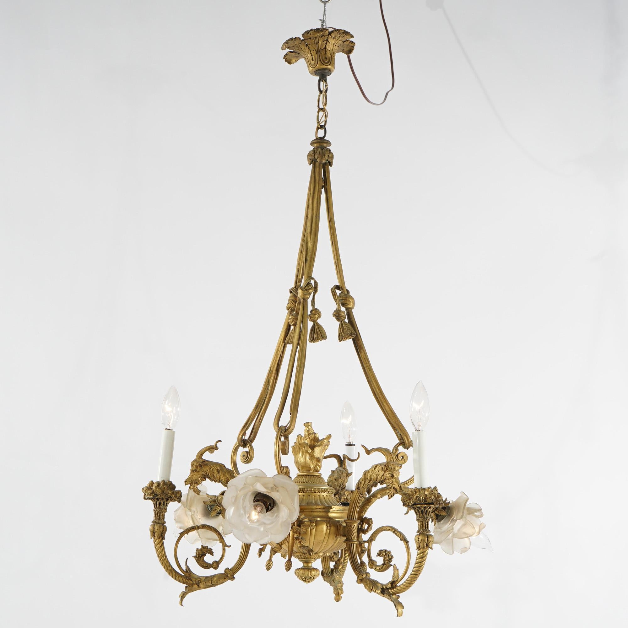 Cast Antique French Empire Gilt Bronze Six Light Chandelier, circa 1920