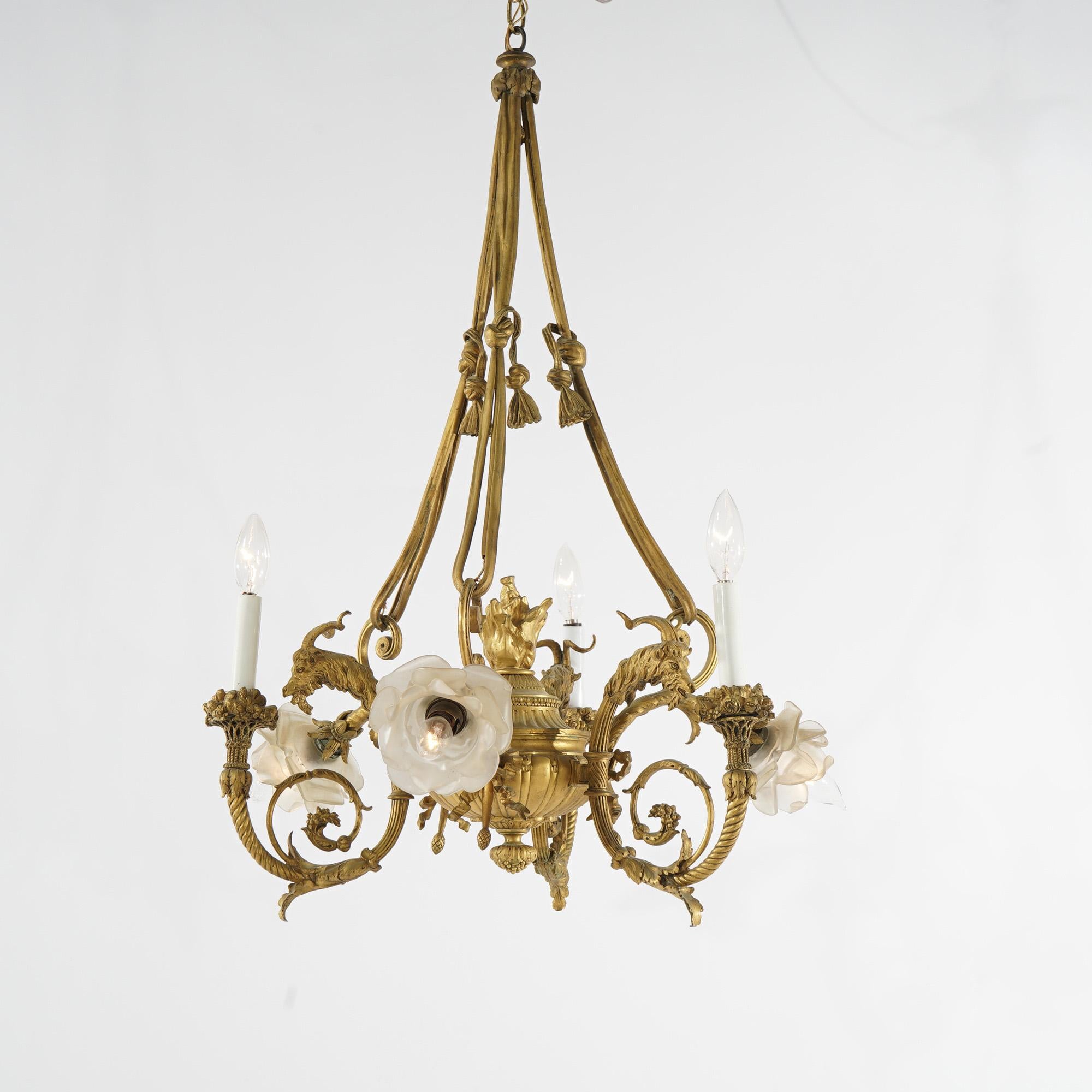 Antique French Empire Gilt Bronze Six Light Chandelier, circa 1920 In Good Condition In Big Flats, NY