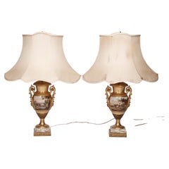 Antique French Empire Gilt Porcelain & Marble Lamps with Scenic Reserves, c1830
