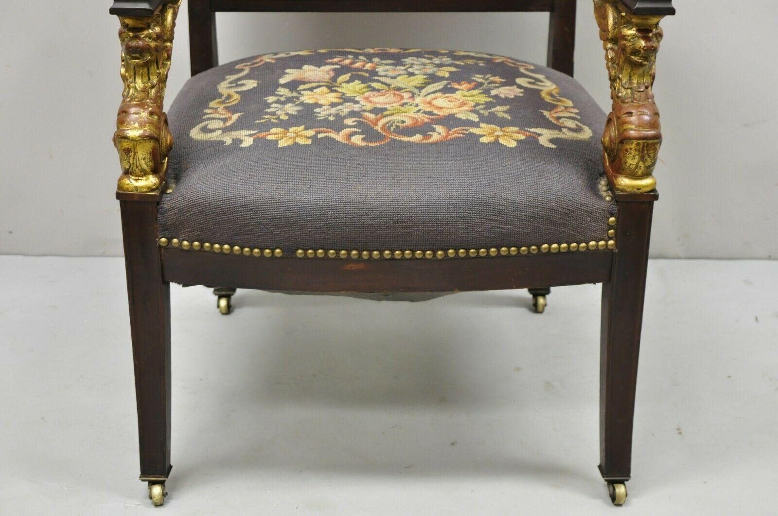 Antique French Empire Giltwood Winged Griffin Needlepoint Inlay Parlor Arm Chair For Sale 2
