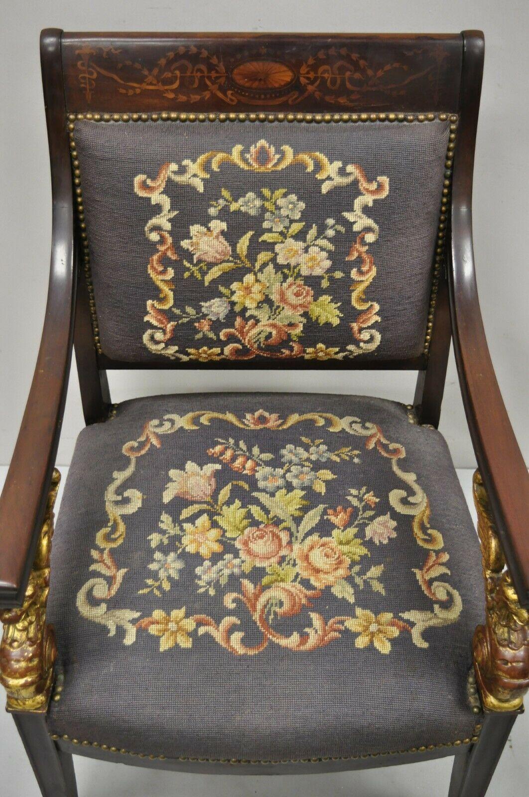 Antique French Empire Giltwood Winged Griffin Needlepoint Inlay Parlor Arm Chair For Sale 4