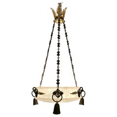 Antique French Empire Gold Bronze 
Alabaster Chandelier, Circa 1910-1920.