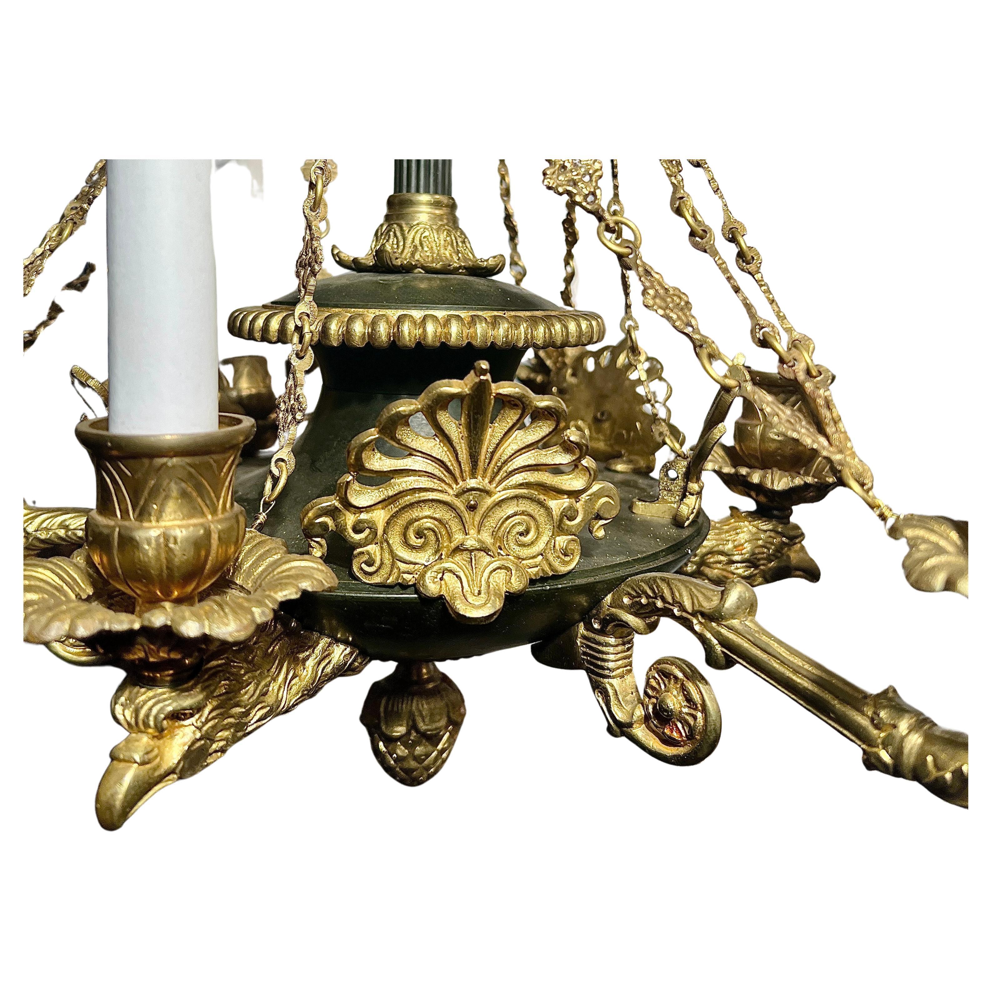 Antique French Empire Gold Bronze and Patinated Bronze Chandelier, Circa 1880. For Sale 2