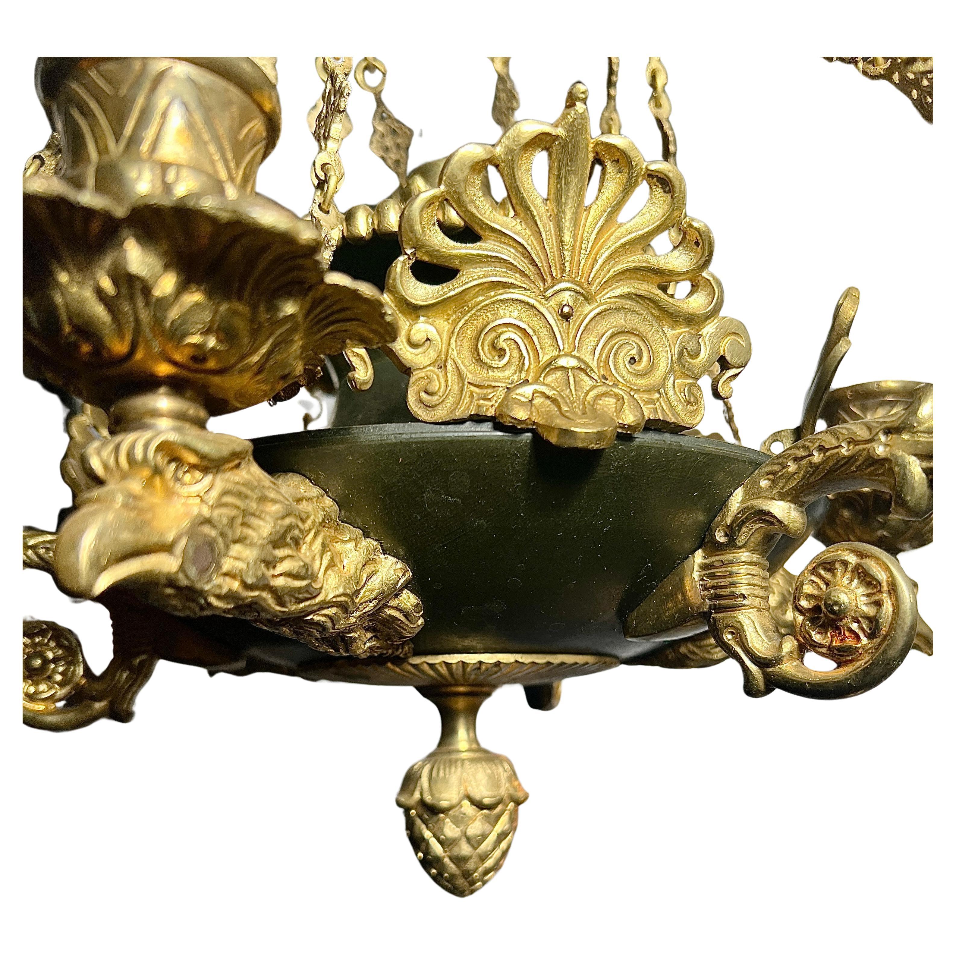 Antique French Empire Gold Bronze and Patinated Bronze Chandelier, Circa 1880. For Sale 4