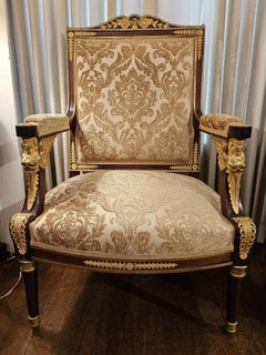 Antique French Empire Gold Bronze Mounted Mahogany Armchair, Circa 1880-1890.
