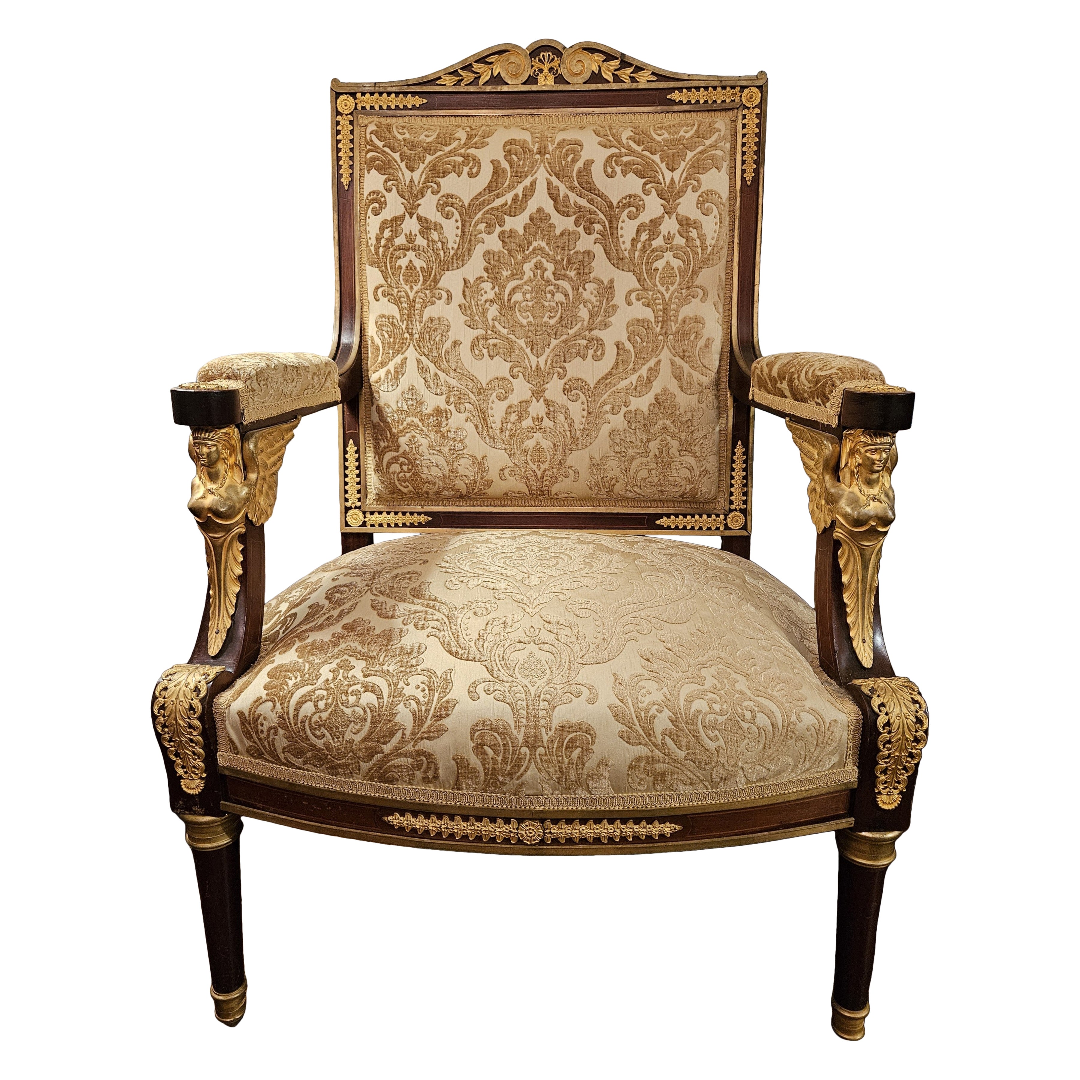 Antique French Empire Gold Bronze Mounted Mahogany Armchair, Circa 1880-1890.