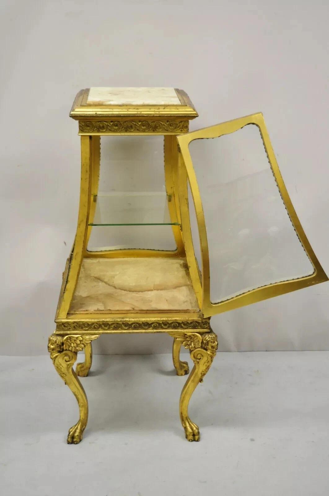 Antique French Empire Gold Gilt Cherub Vitrine Curio Cabinet w/ Onyx Pedestal For Sale 3