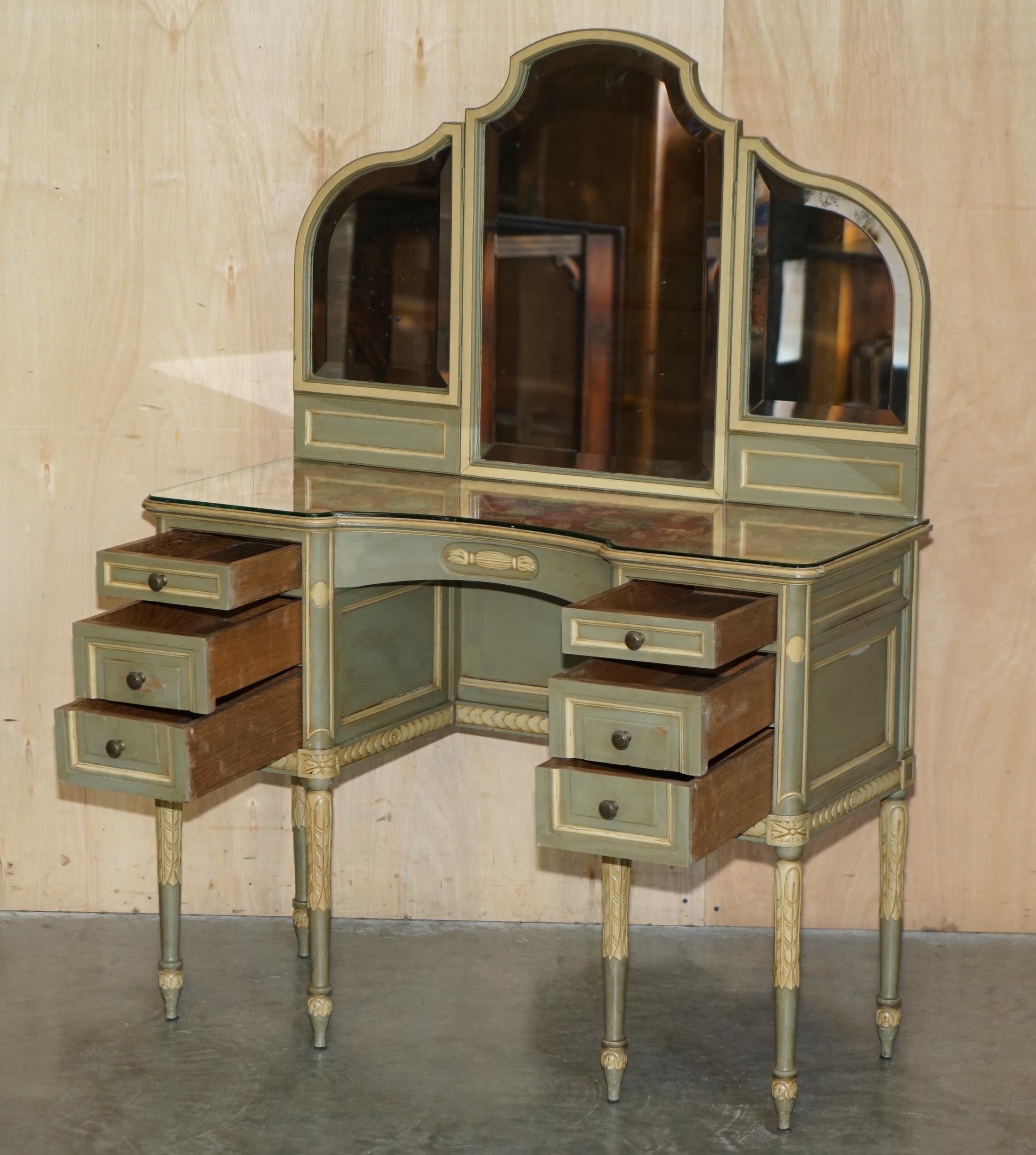 ANTIQUE FRENCH EMPIRE HAND PAINTED 19TH CENTURY DRESSING TABLE + TRi FOLD MIRROR For Sale 8