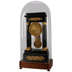 Antique French Empire Japy Freres Reloj de Pórtico Ebonizado, Marquetería y Ormolu
