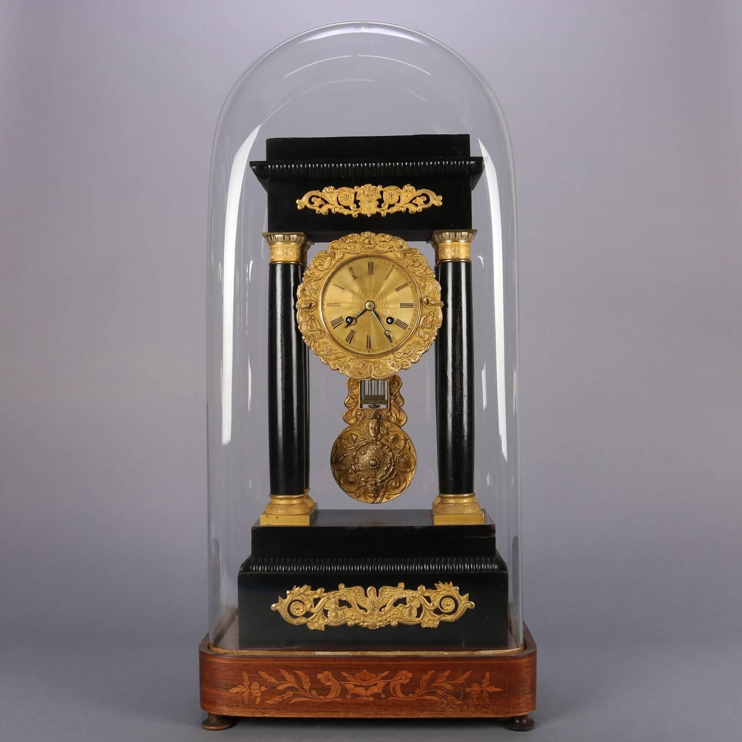 Antique French Empire Japy Freres Ebonized, Marquetry and Ormolu Portico Clock 6
