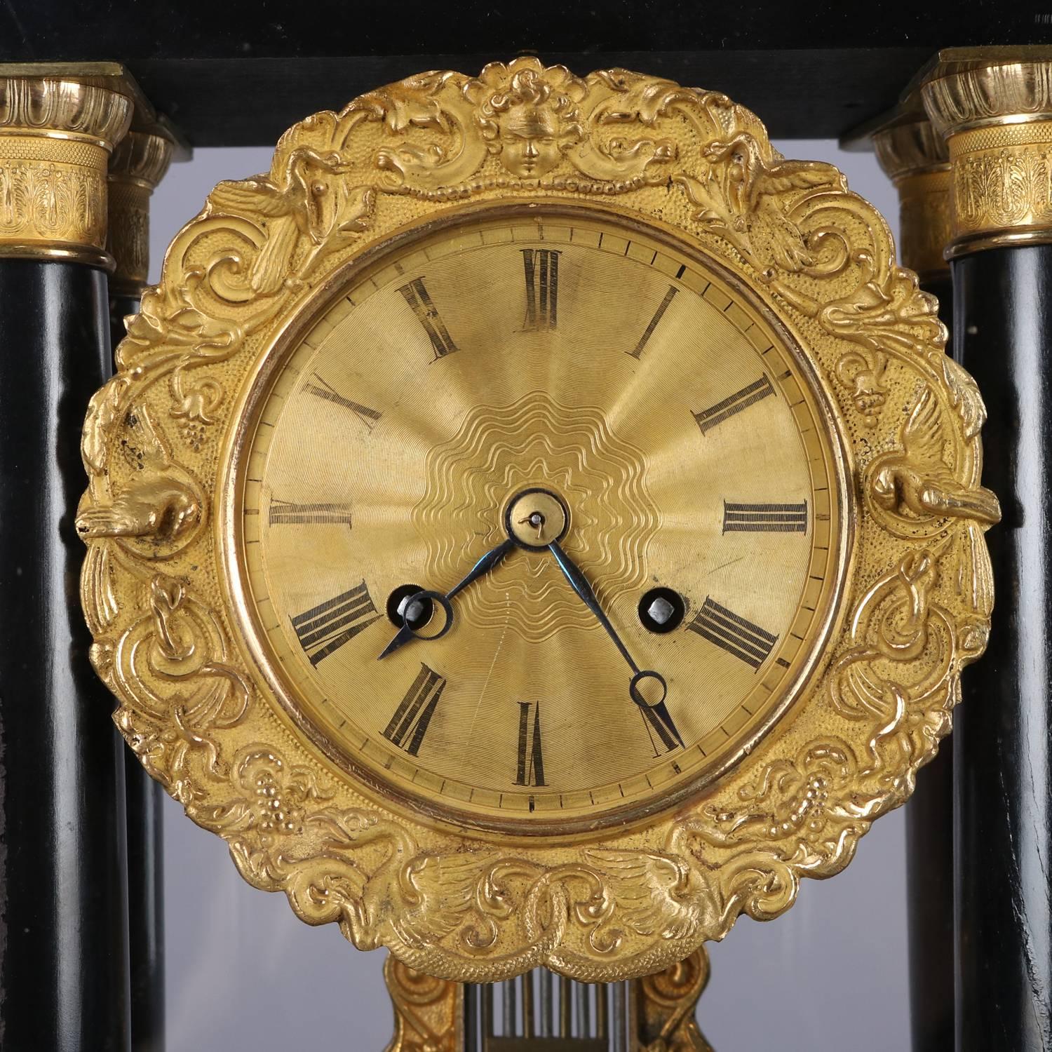 19th Century Antique French Empire Japy Freres Ebonized, Marquetry and Ormolu Portico Clock