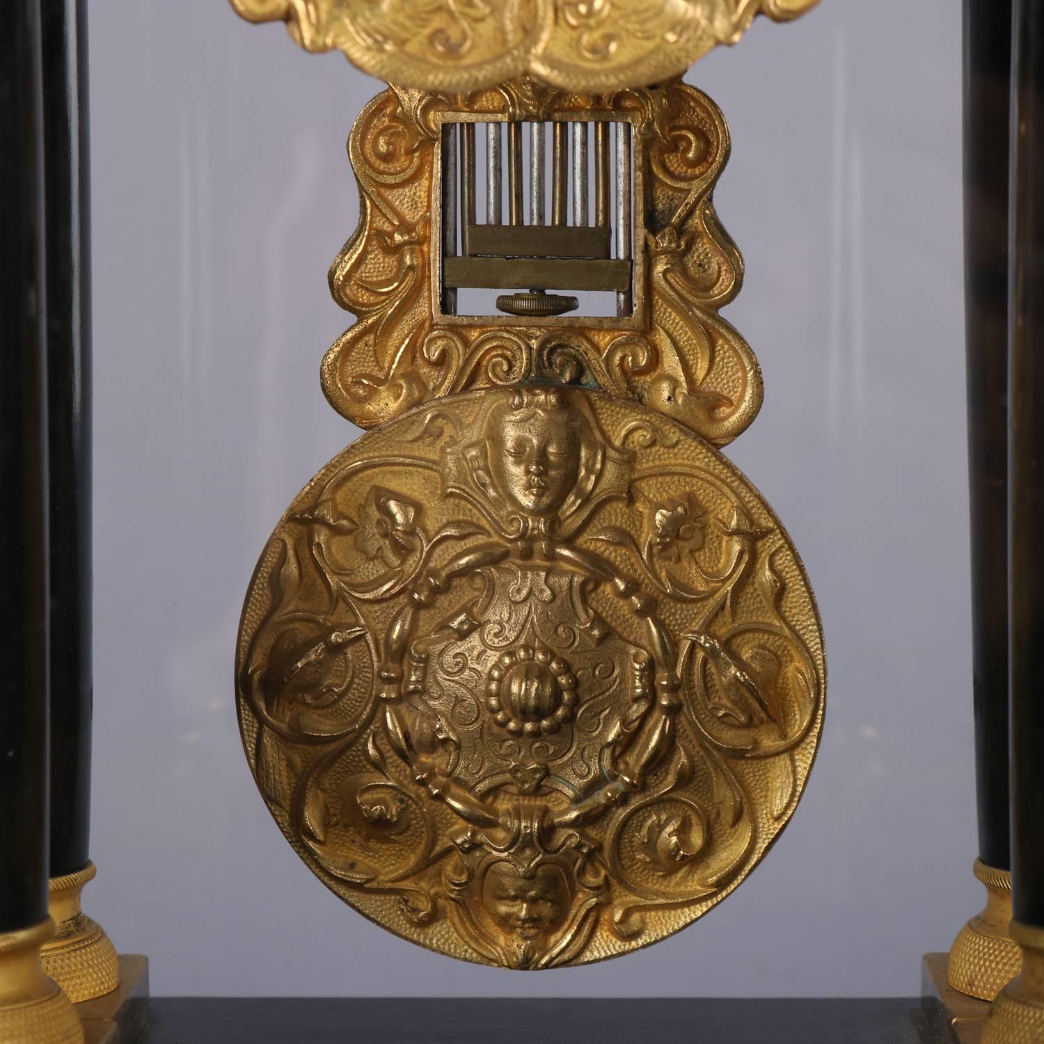 Bronze Antique French Empire Japy Freres Ebonized, Marquetry and Ormolu Portico Clock