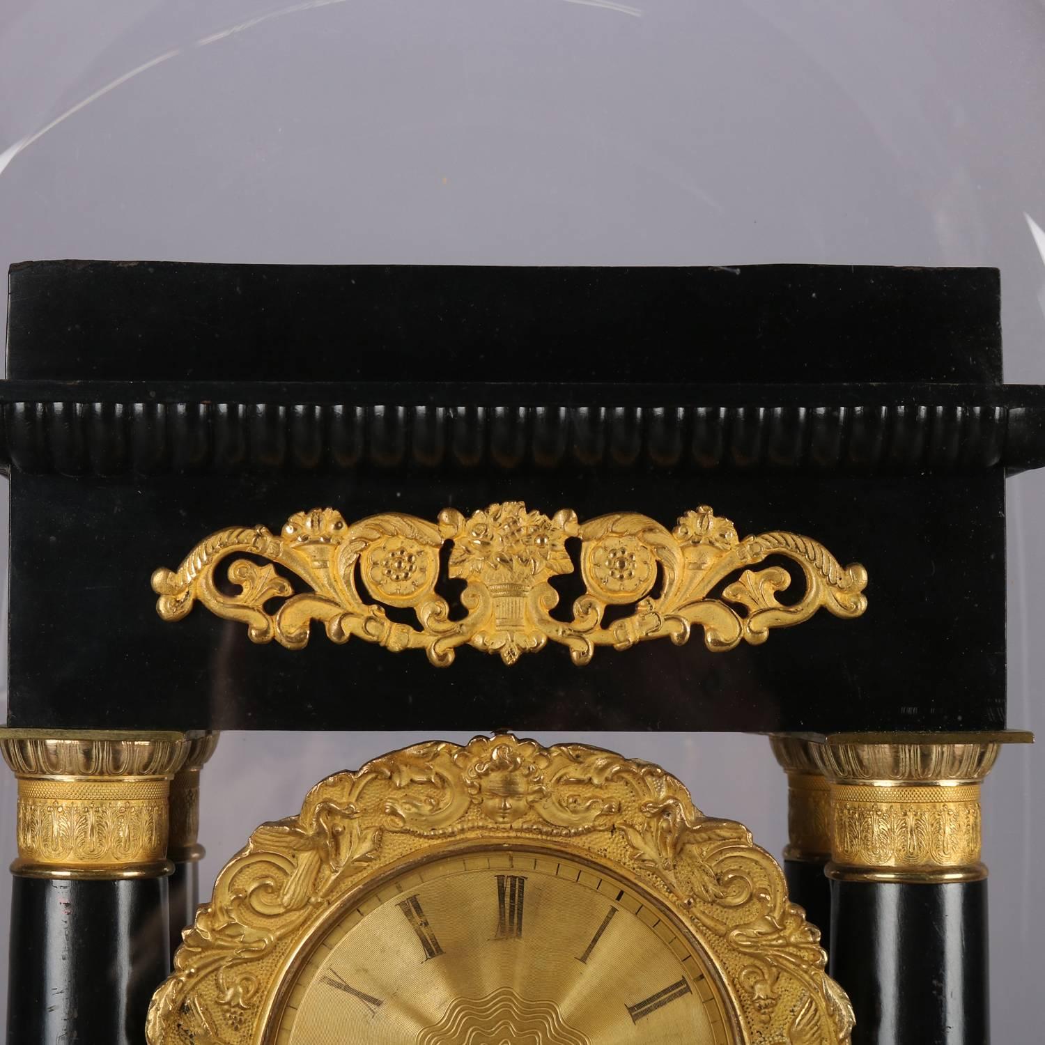 Antique French Empire Japy Freres Ebonized, Marquetry and Ormolu Portico Clock 3