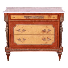 Antique French Empire Kingwood and Burl Ormolu Mounted Marble Top Commode, 1920s