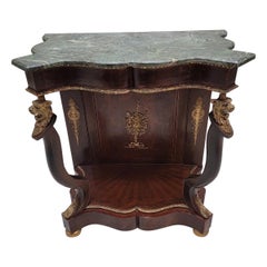 Antique French Empire Lion’s Head Ormolu Serpentine Console Table w/ Marble Top