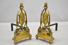 Antique French Empire Louis XVI Style Bronze Urn Acorn Fireplace Andirons - Pair