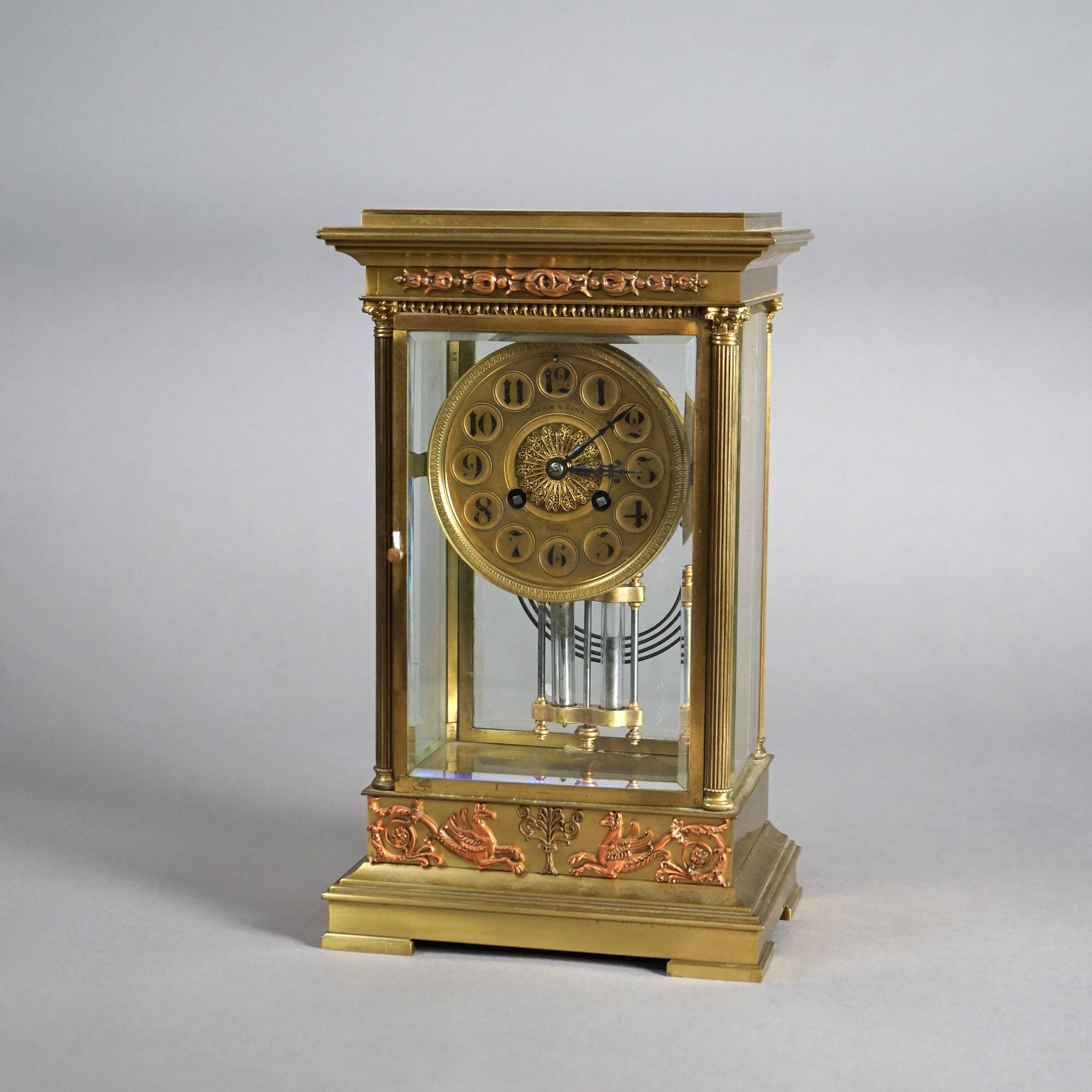19th Century Antique French Empire Lowe & Sons Paris Bronze Crystal Regulator Clock 19thC