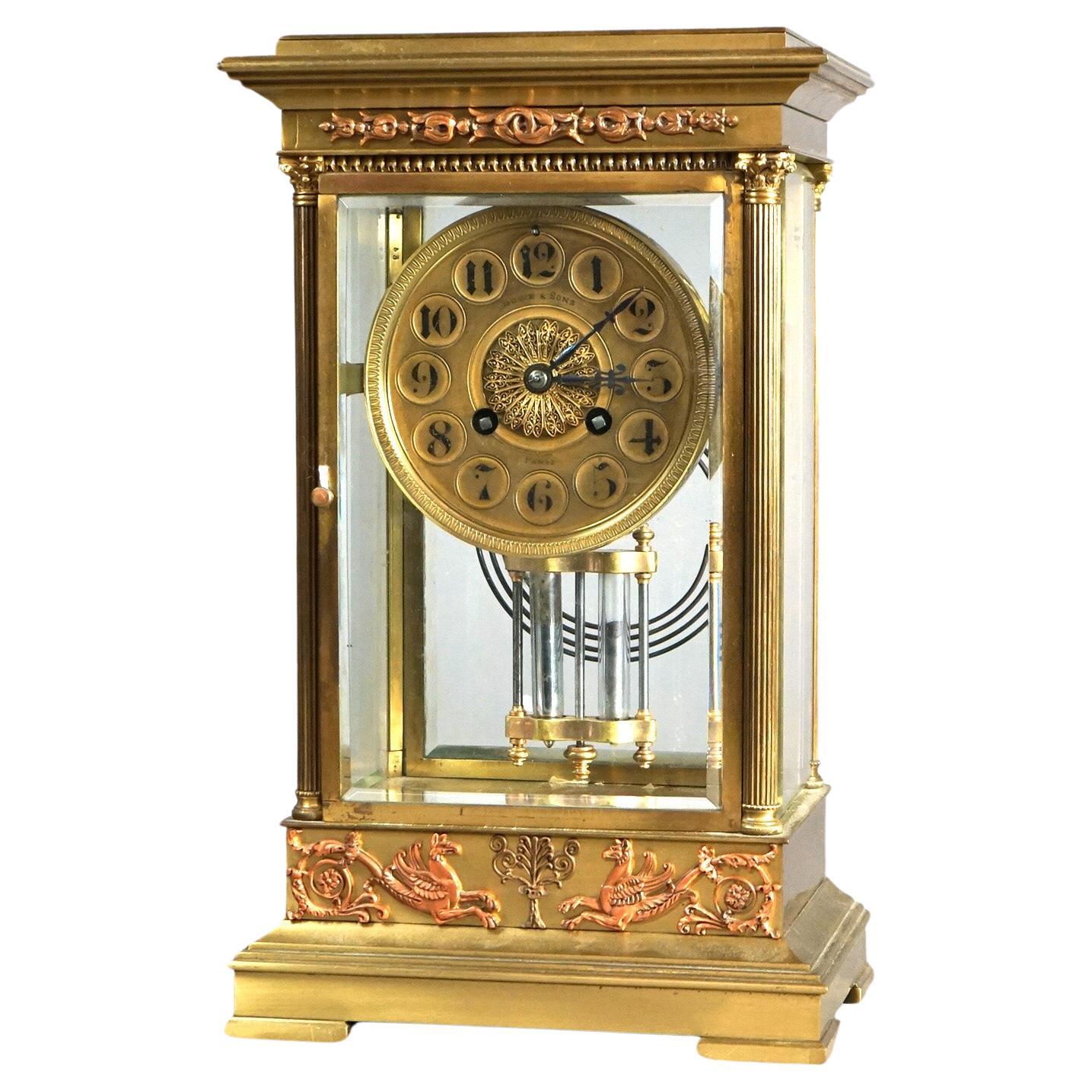 Antique French Empire Lowe & Sons Paris Bronze Crystal Regulator Clock 19thC