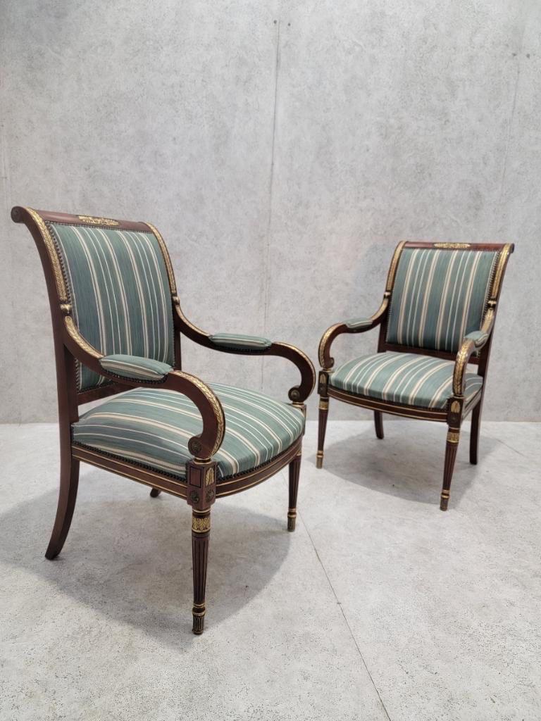 Antique French Empire Mahogany and Gilt Bronze Mounted Armchairs - Pair In Good Condition For Sale In Chicago, IL