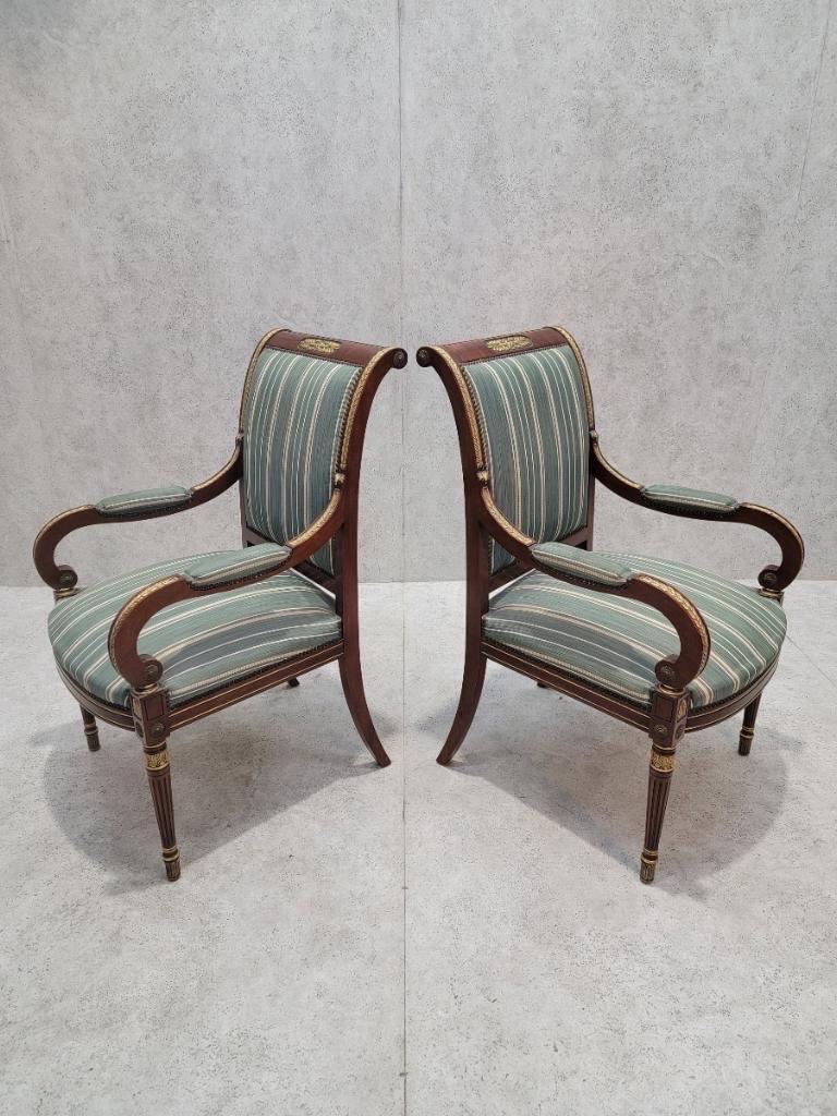 19th Century Antique French Empire Mahogany and Gilt Bronze Mounted Armchairs - Pair For Sale