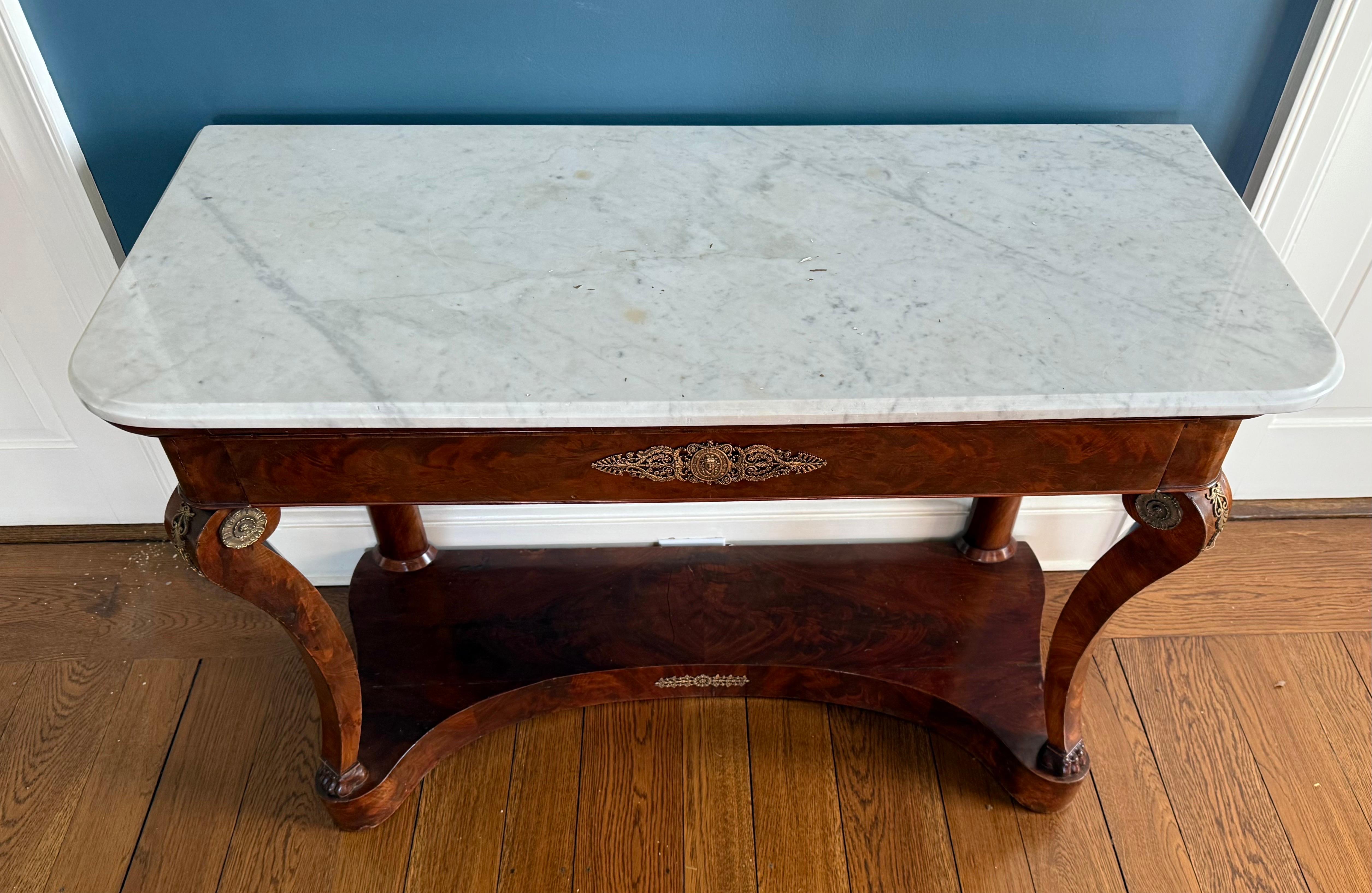 Louis XVI Antique French Empire Mahogany and Marble Top Console Table Bar Server Buffet