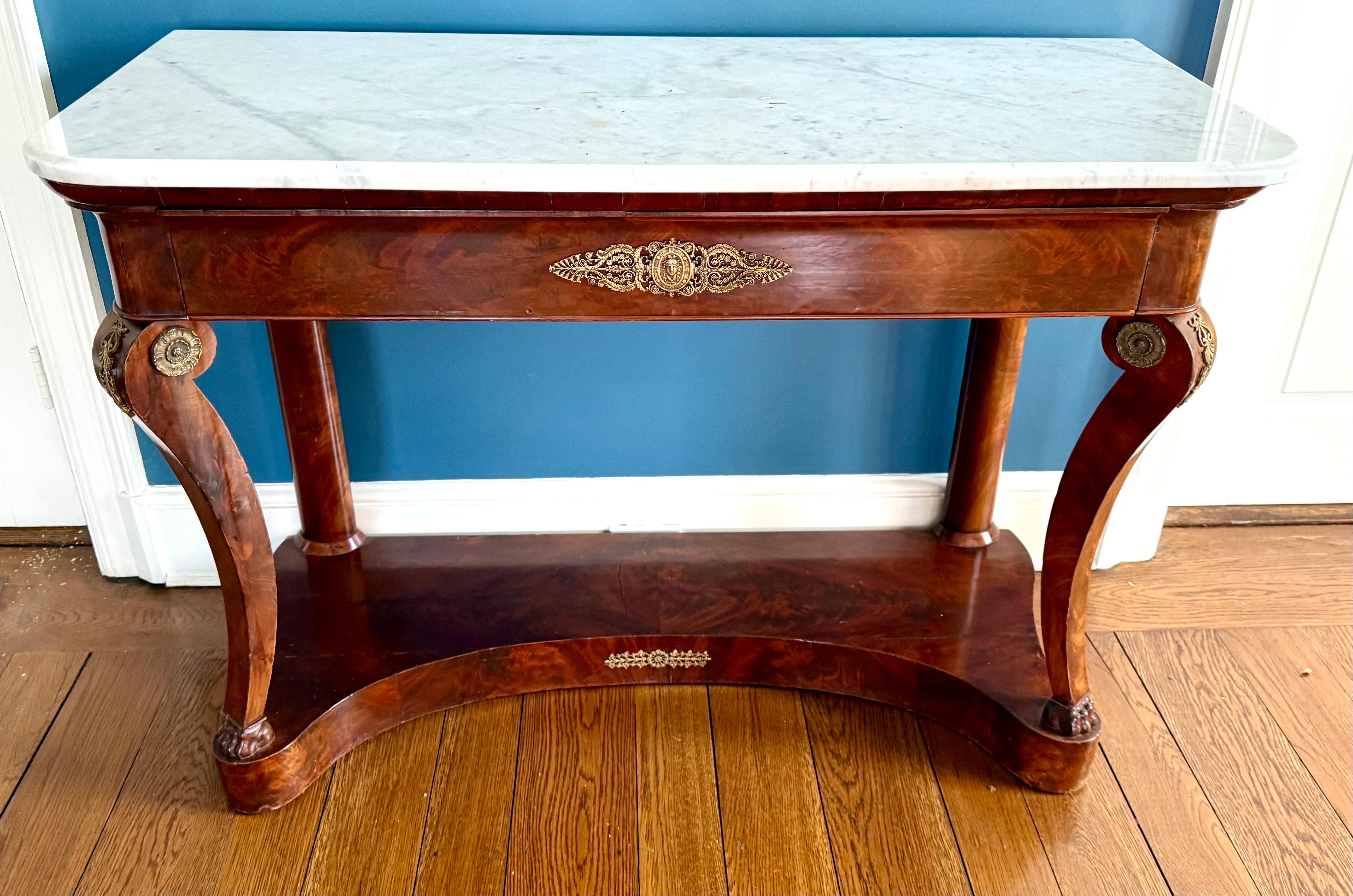 Bronze Antique French Empire Mahogany and Marble Top Console Table Bar Server Buffet