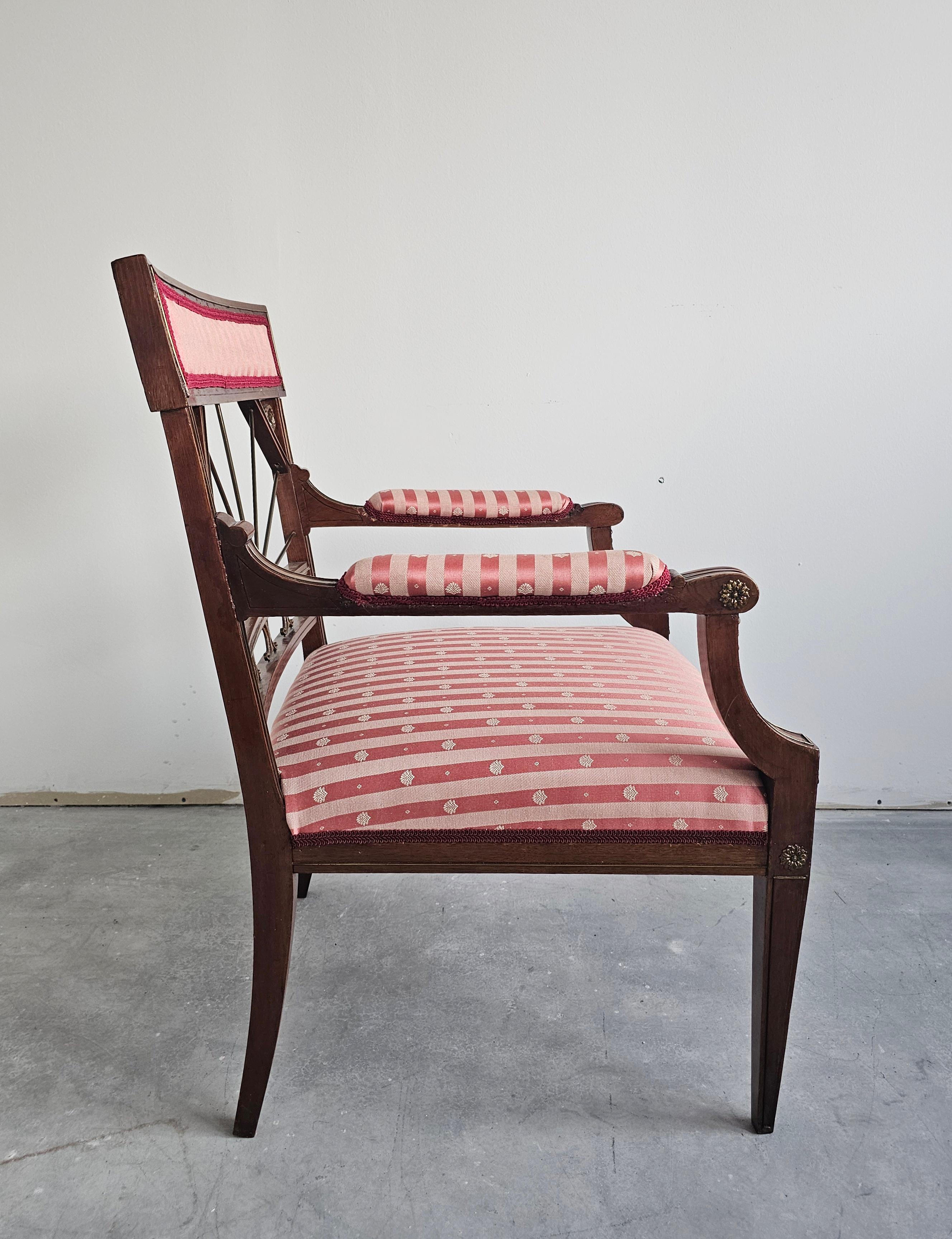 Antique French Empire Mahogany Armchair upholstered in pink striped fabric For Sale 5