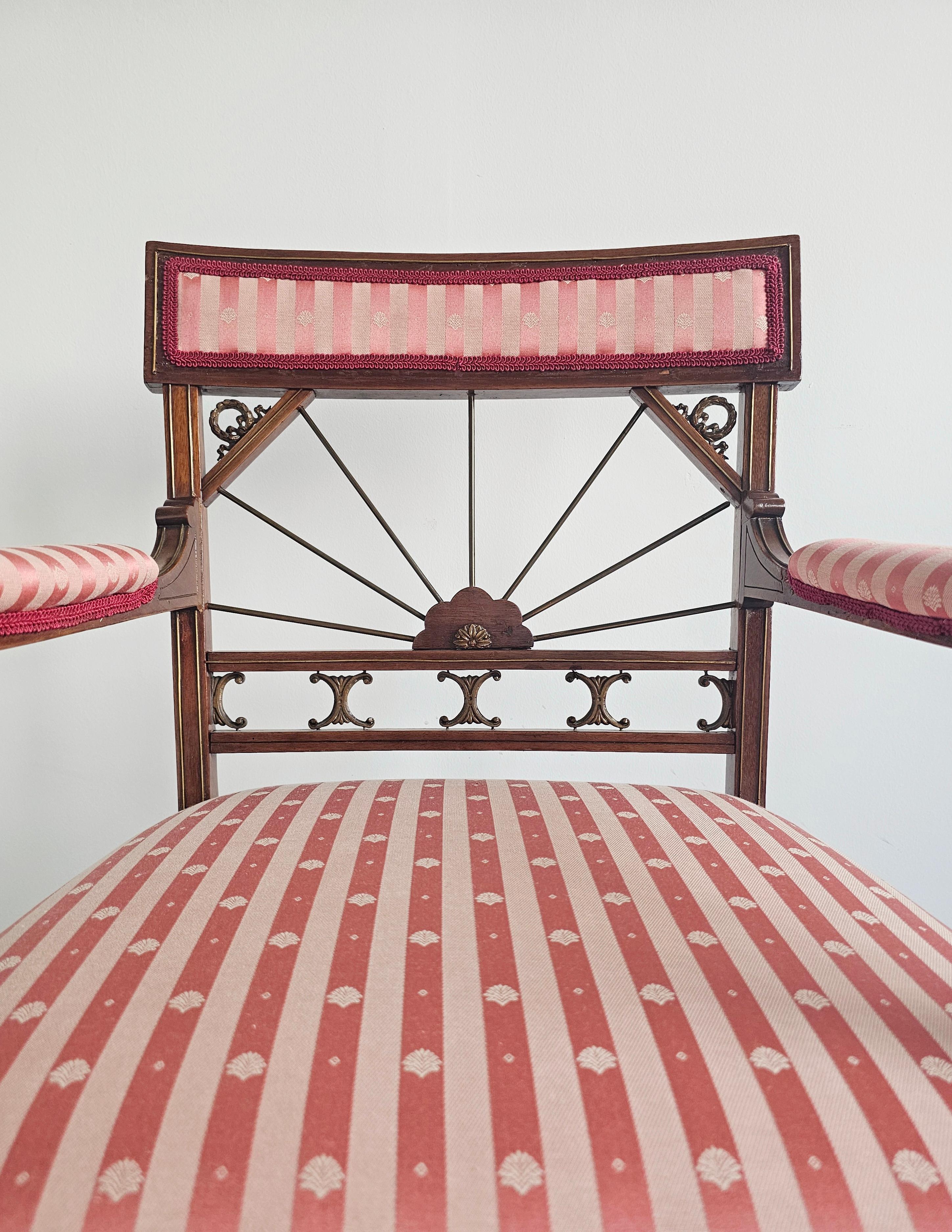 Antique French Empire Mahogany Armchair upholstered in pink striped fabric For Sale 9