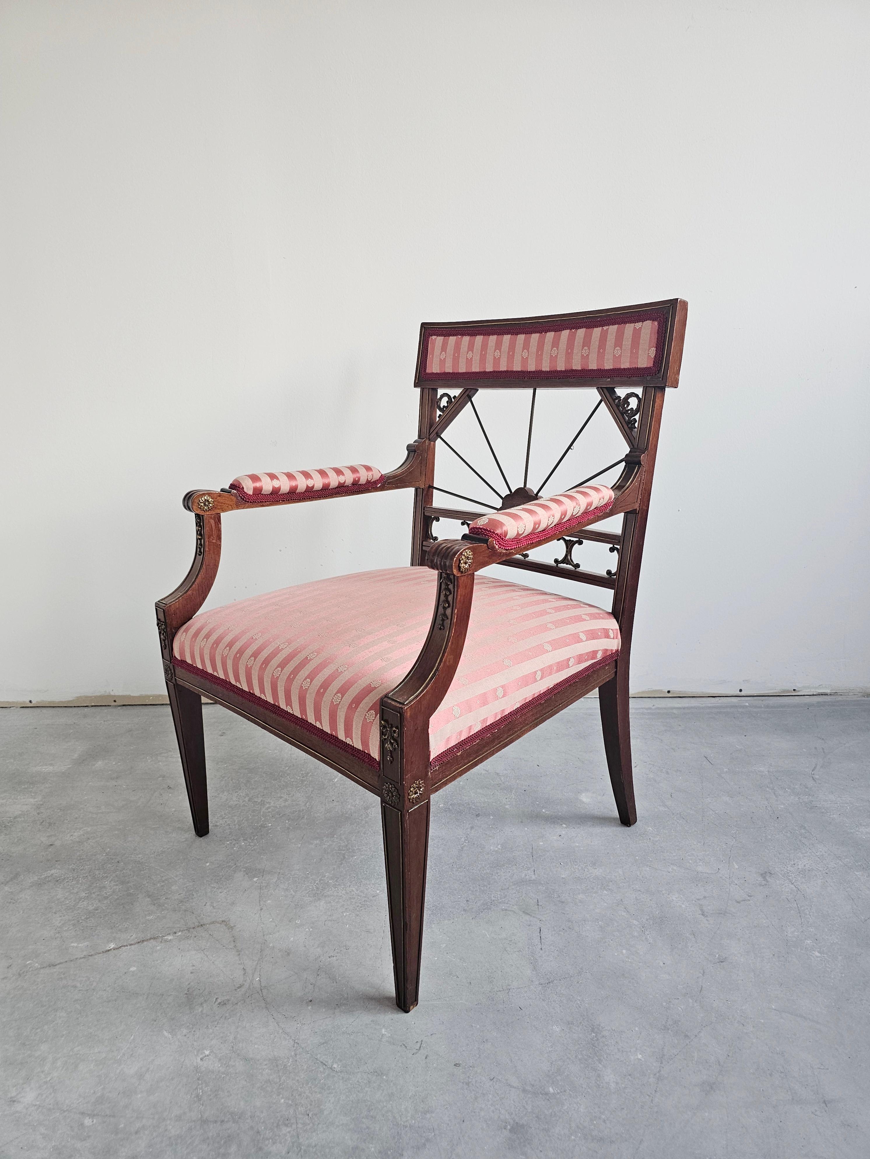 Antique French Empire Mahogany Armchair upholstered in pink striped fabric In Good Condition For Sale In Beograd, RS