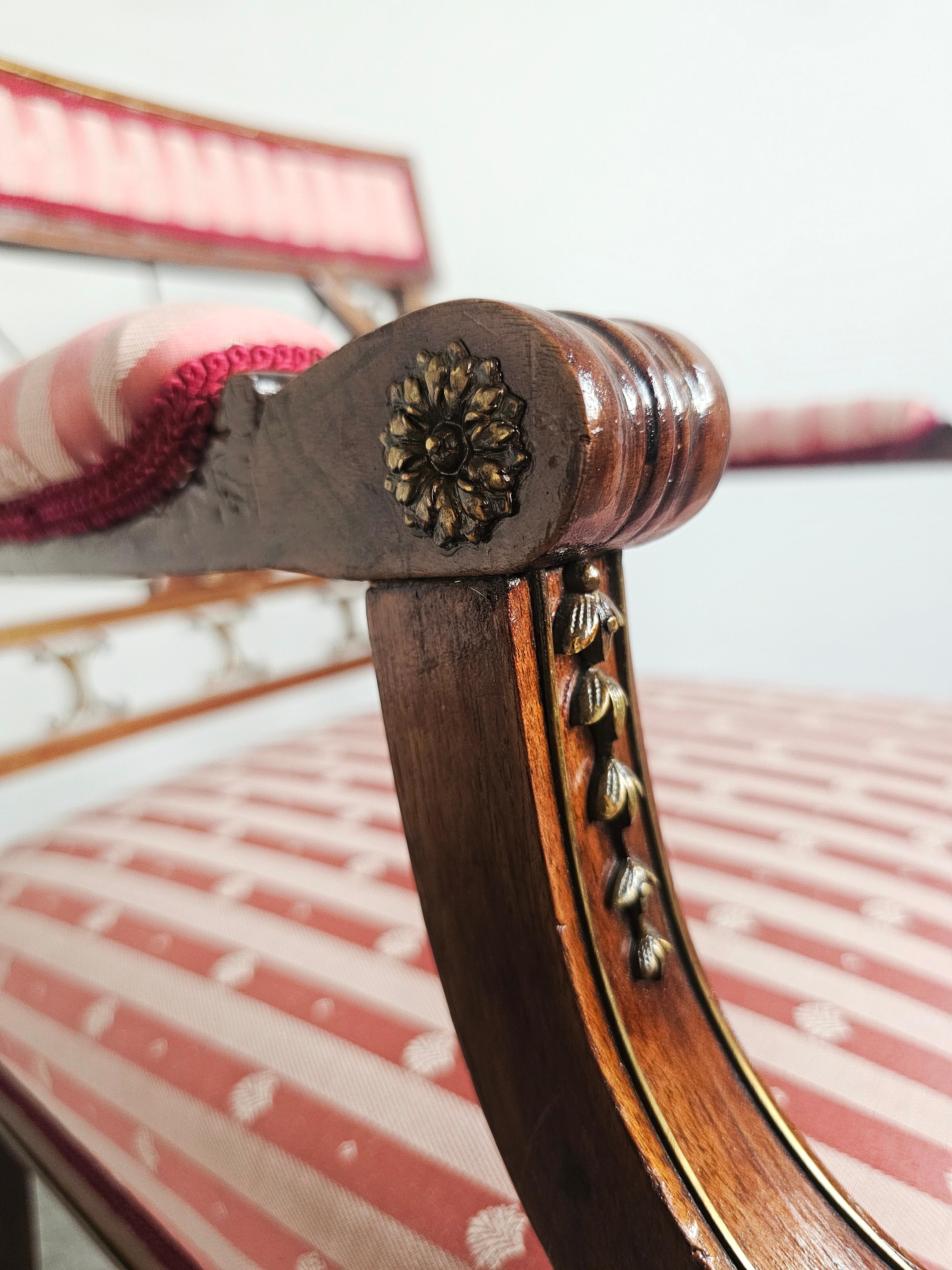 Late 19th Century Antique French Empire Mahogany Armchair upholstered in pink striped fabric For Sale