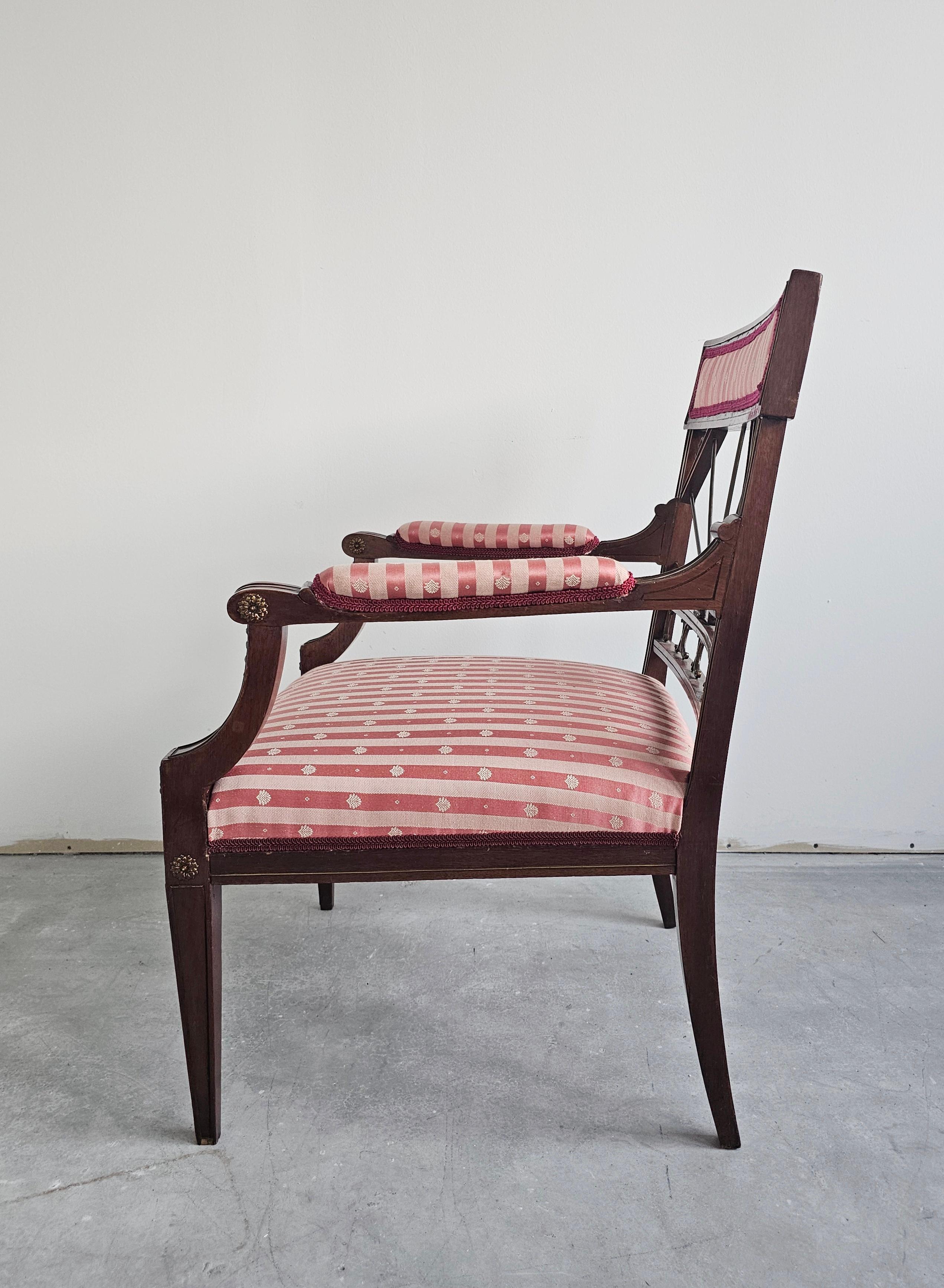 Bronze Antique French Empire Mahogany Armchair upholstered in pink striped fabric For Sale