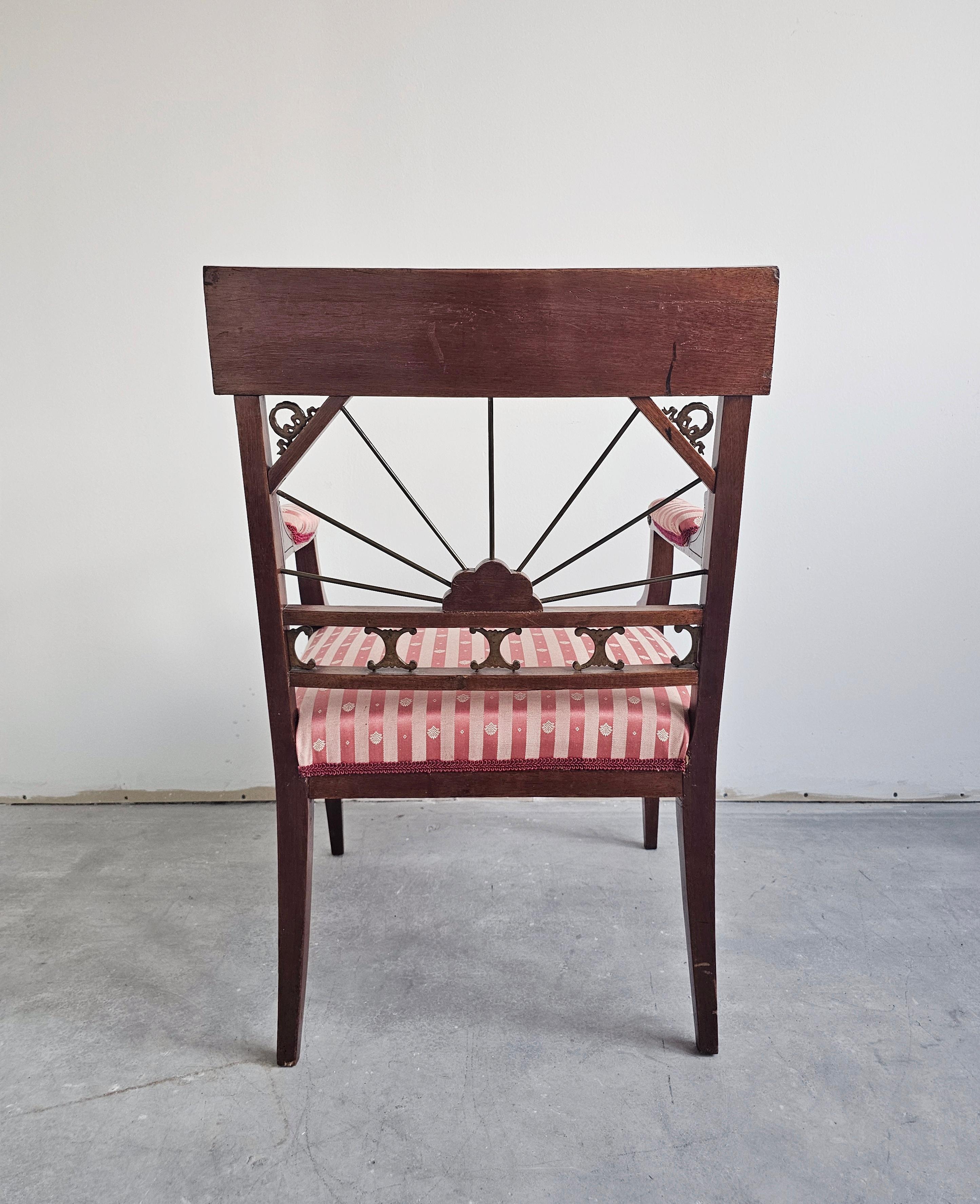 Antique French Empire Mahogany Armchair upholstered in pink striped fabric For Sale 2