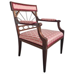 Antique French Empire Mahogany Armchair upholstered in pink striped fabric