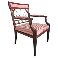 Antique French Empire Mahogany Armchair upholstered in pink striped fabric